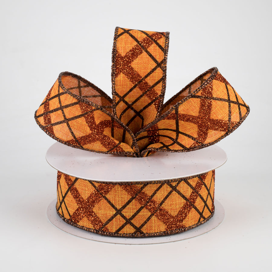1.5" Glitter Diagonal Plaid Ribbon: Pumpkin Orange, Copper, Brown (10 Yards) Lifestyle Photo