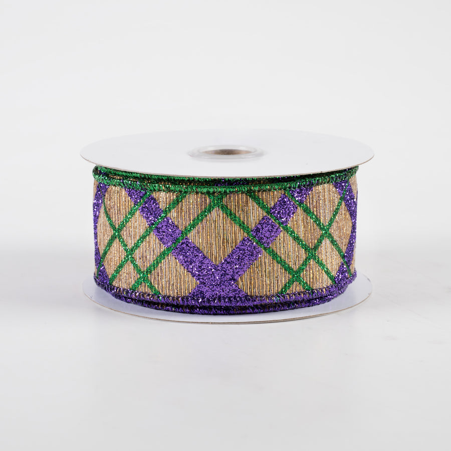 1.5" Glitter Diagonal Plaid Woven Metallic Lines Ribbon: Mardi Gras (10 Yards)