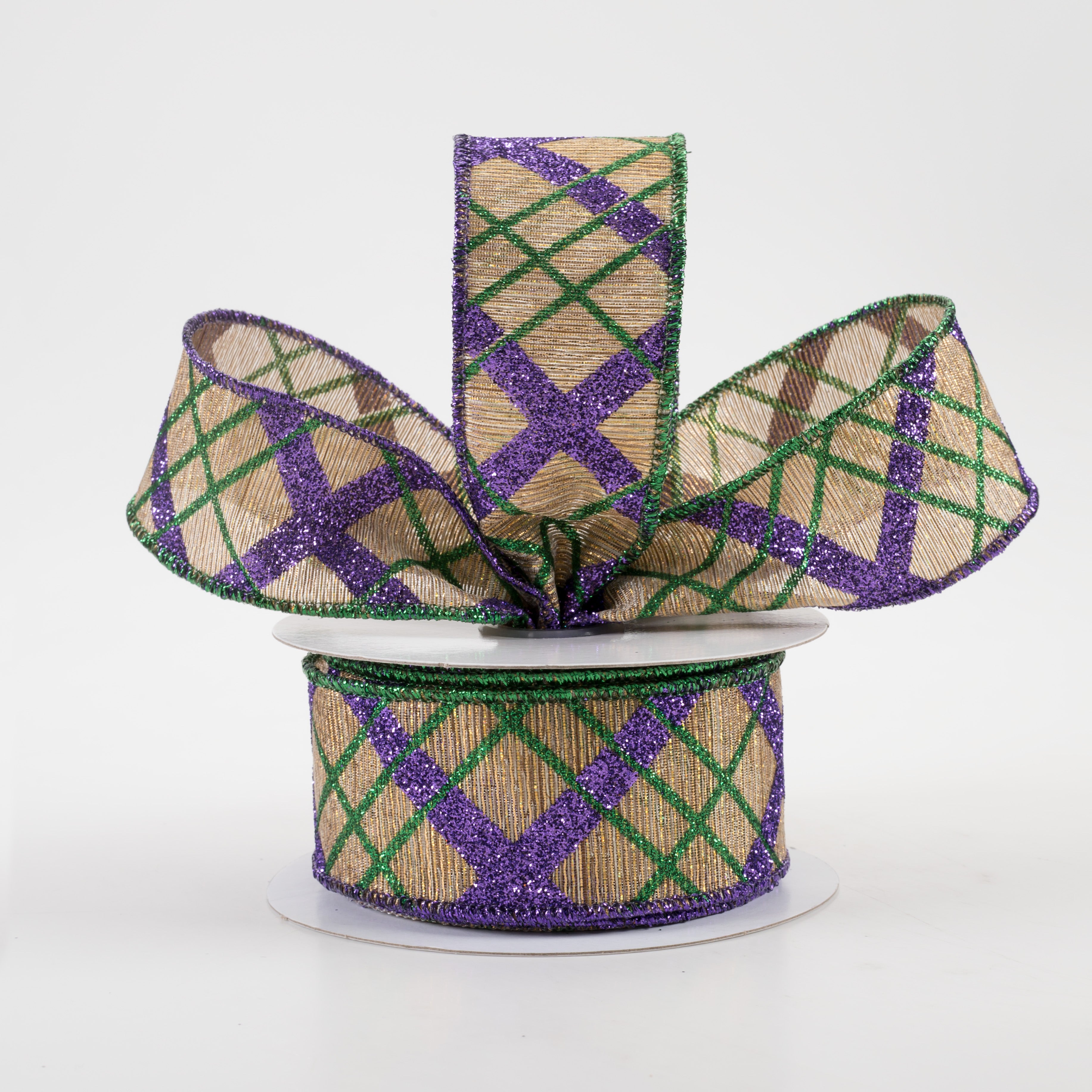 1.5" Glitter Diagonal Plaid Woven Metallic Lines Ribbon: Mardi Gras (10 Yards) Lifestyle Photo