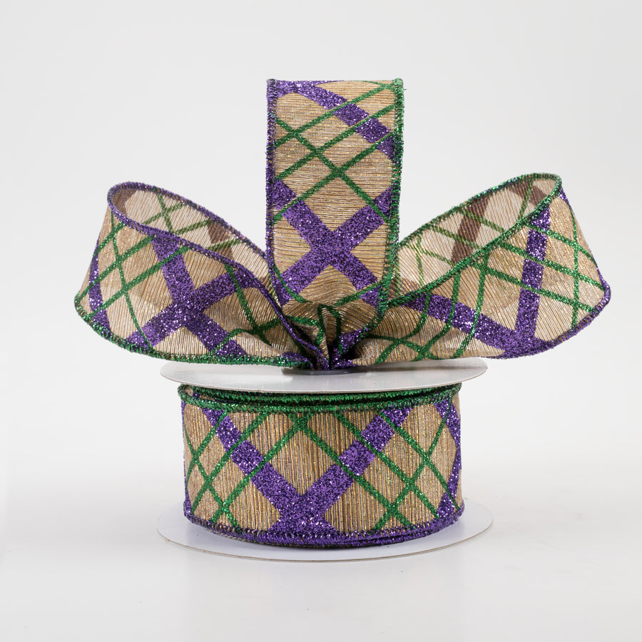 1.5" Glitter Diagonal Plaid Woven Metallic Lines Ribbon: Mardi Gras (10 Yards) Lifestyle Photo