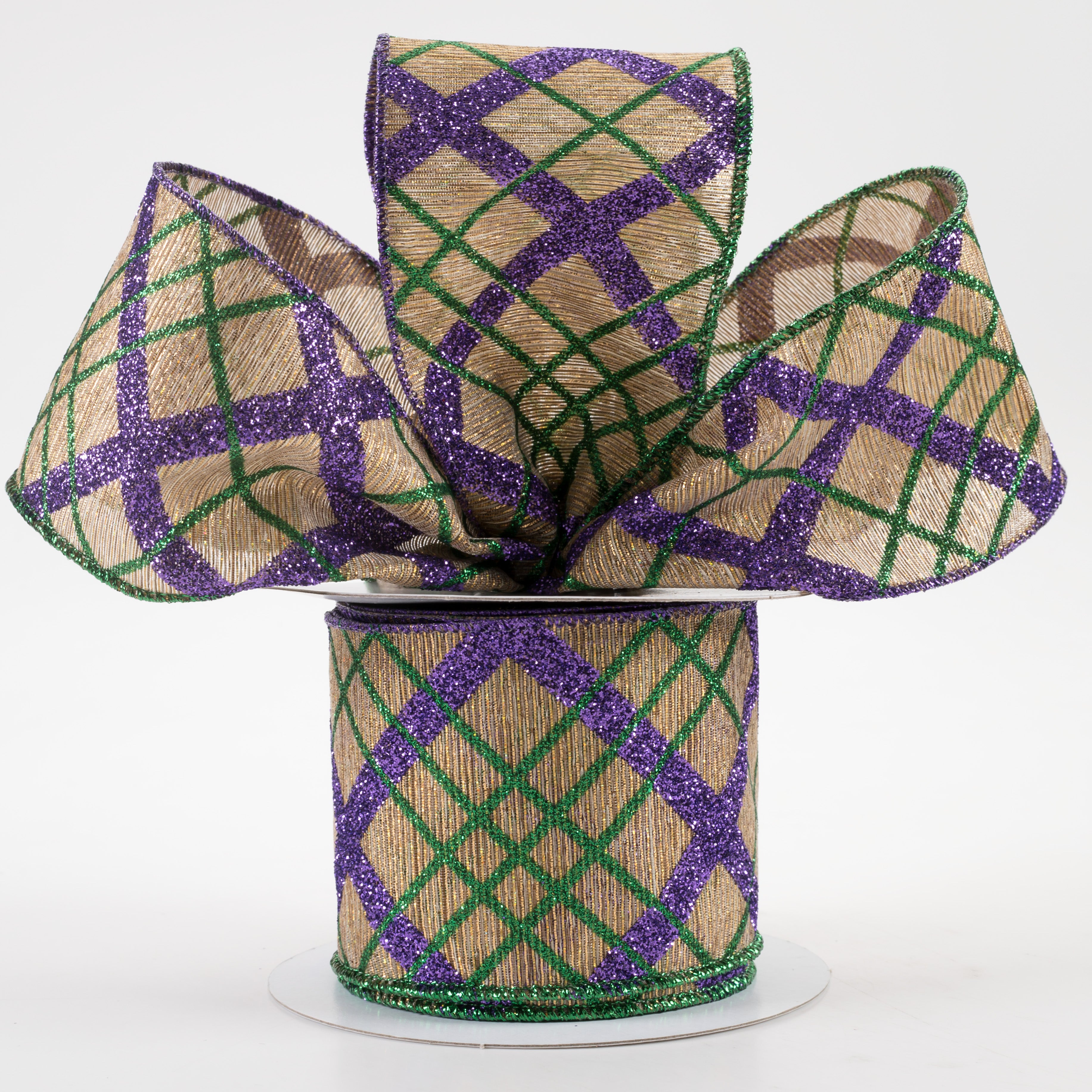 2.5" Glitter Diagonal Plaid Woven Metallic Lines Ribbon: Mardi Gras (10 Yards) Lifestyle Photo