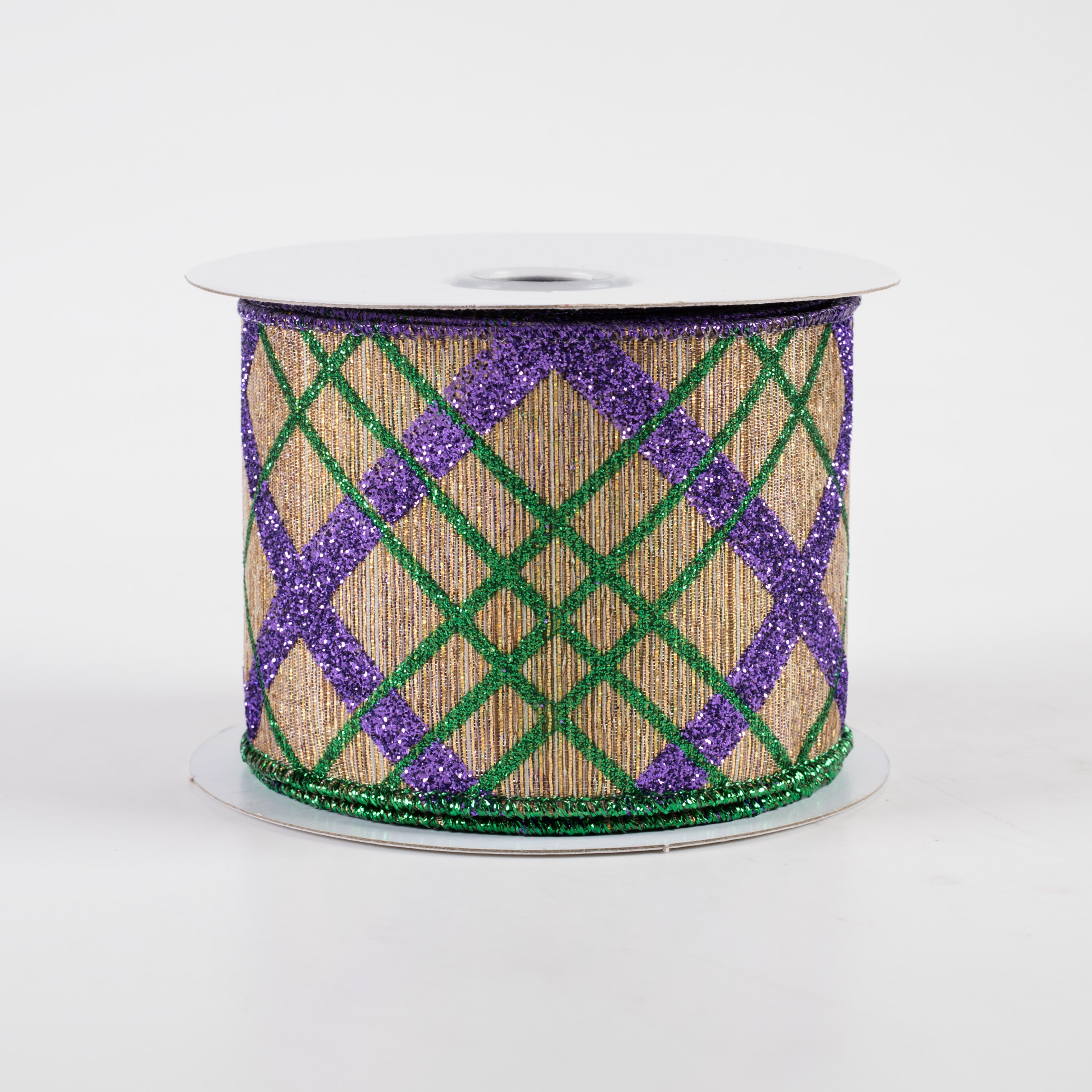 2.5" Glitter Diagonal Plaid Woven Metallic Lines Ribbon: Mardi Gras (10 Yards)