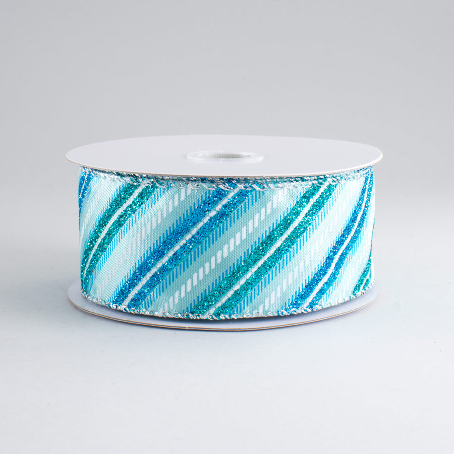 1.5" Glitter Diagonal Stripe Ribbon: Aqua, Blue, White (10 Yards)