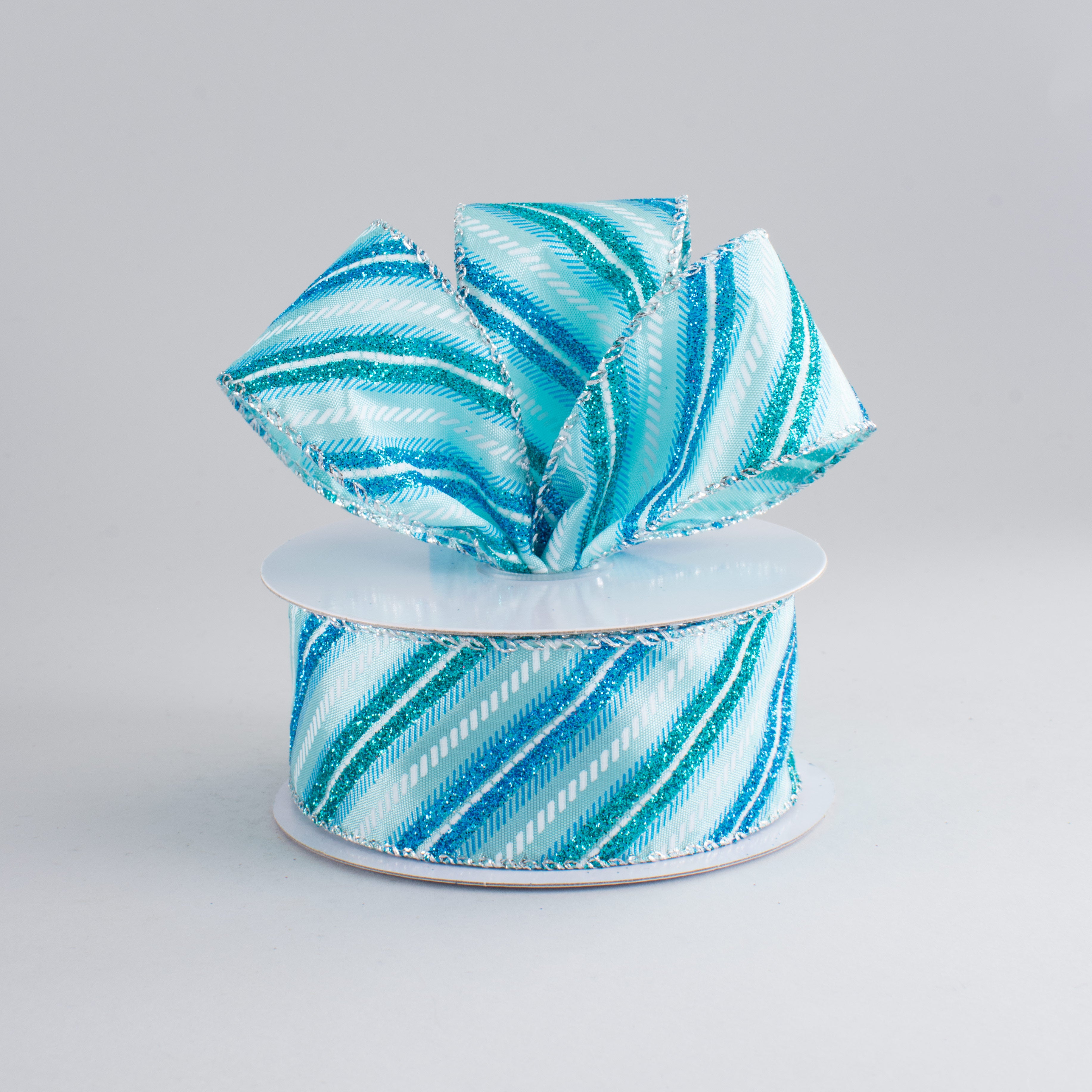 1.5" Glitter Diagonal Stripe Ribbon: Aqua, Blue, White (10 Yards) Lifestyle Photo