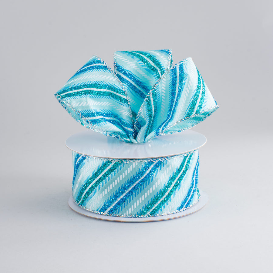 1.5" Glitter Diagonal Stripe Ribbon: Aqua, Blue, White (10 Yards) Lifestyle Photo