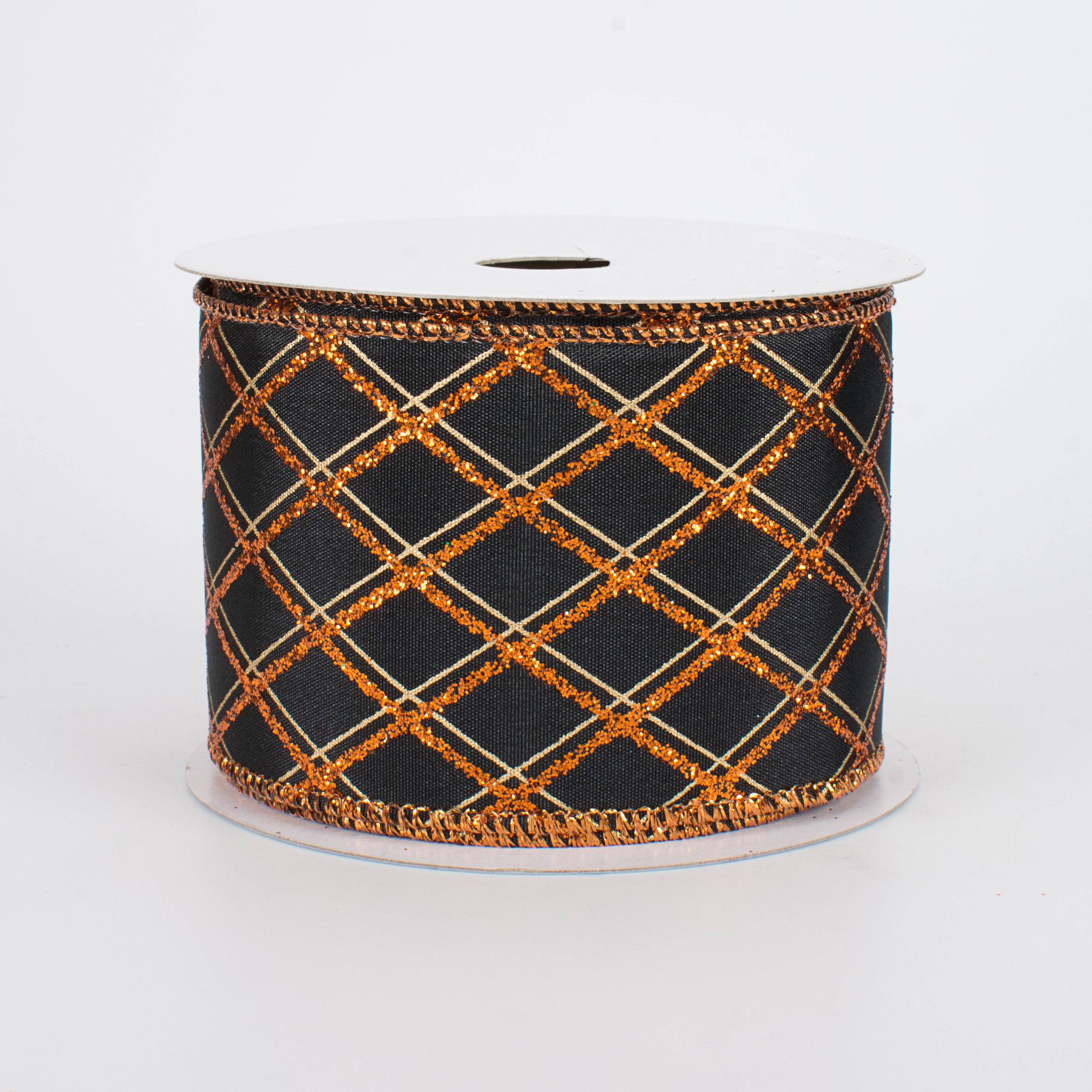 2.5" Glitter Diamond Pattern Ribbon: Black & Orange (10 Yards)