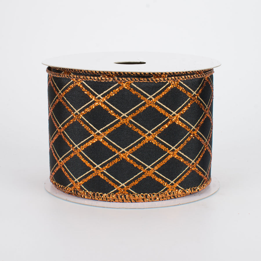 2.5" Glitter Diamond Pattern Ribbon: Black & Orange (10 Yards)