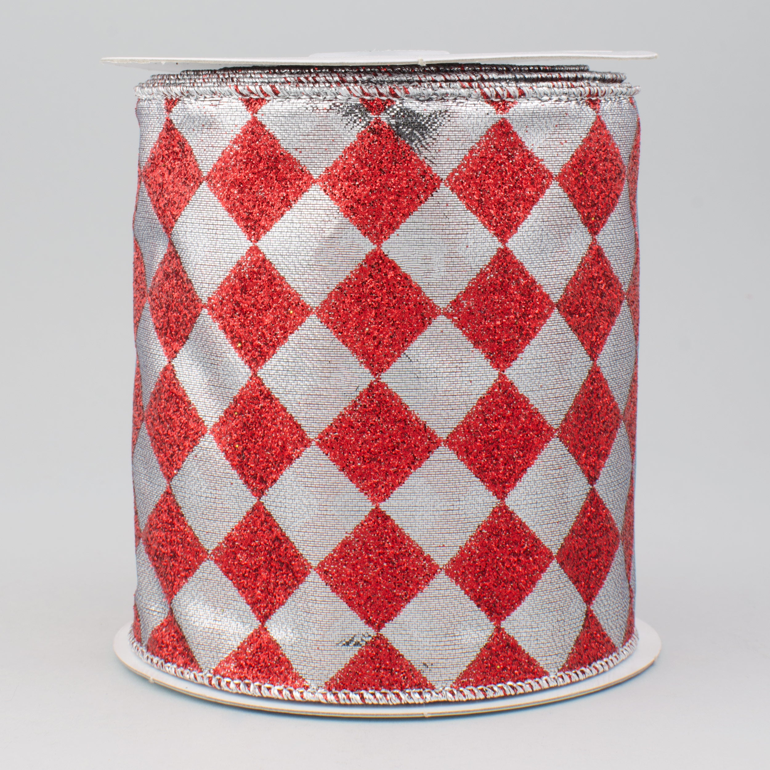 4" Glitter Diamond Ribbon: Red & Silver (10 Yards)