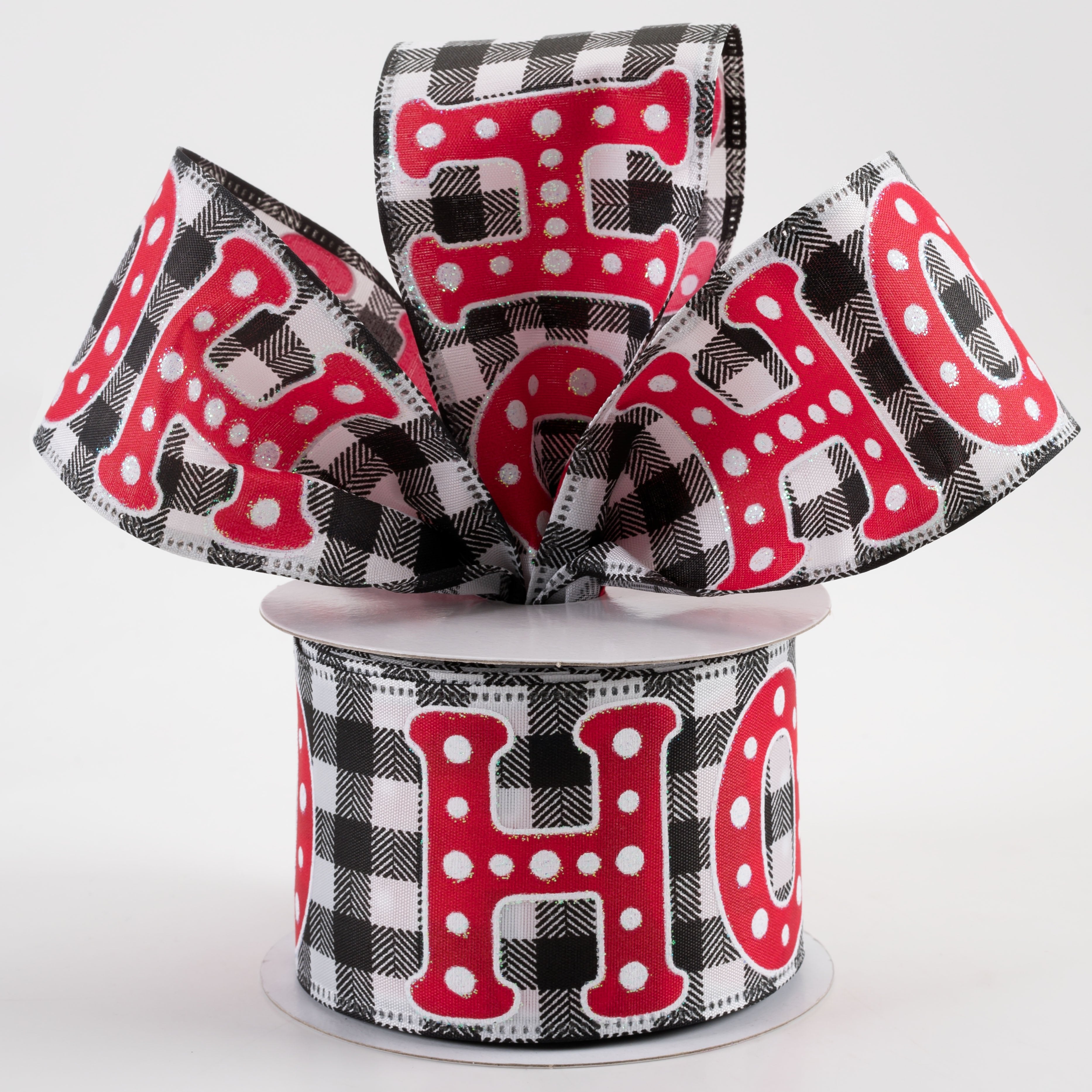 2.5" Glitter Dot Ho Ho Ho Ribbon: Black & White Check (10 Yards) Lifestyle Photo
