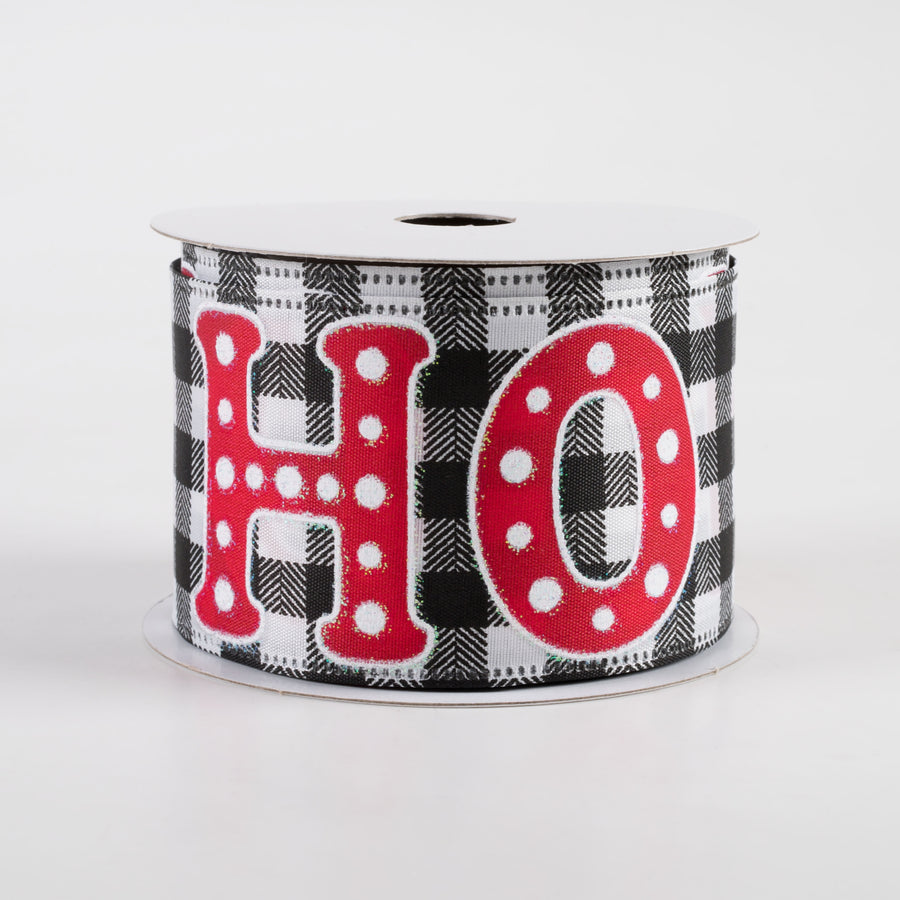 2.5" Glitter Dot Ho Ho Ho Ribbon: Black & White Check (10 Yards) Item Number: 76319-40-13