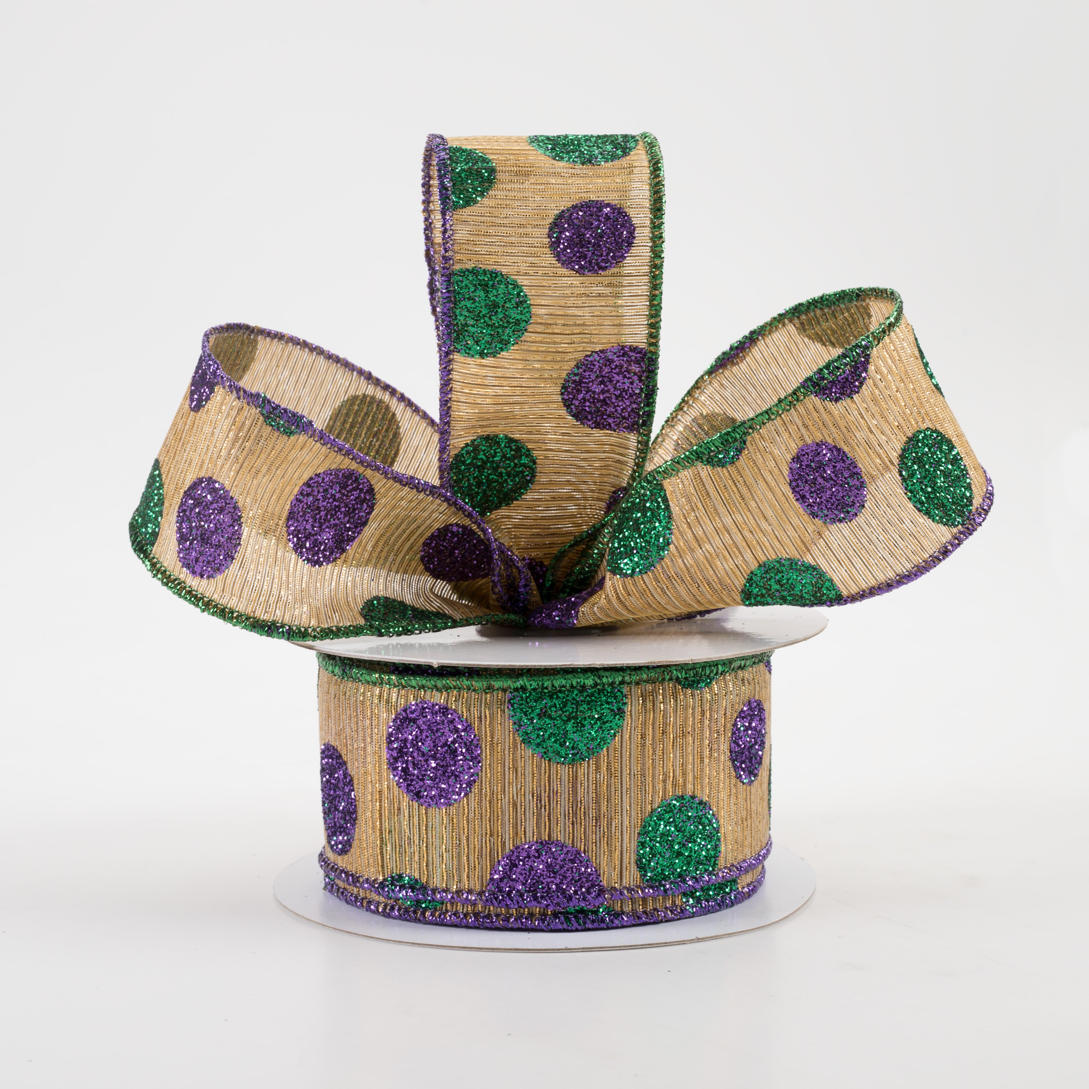 1.5" Glitter Dot Woven Metallic Lines Ribbon: Antique Gold Mardi Gras (10 Yards) Lifestyle Photo