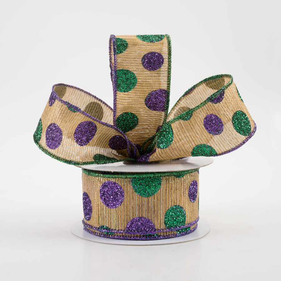 1.5" Glitter Dot Woven Metallic Lines Ribbon: Antique Gold Mardi Gras (10 Yards) Lifestyle Photo