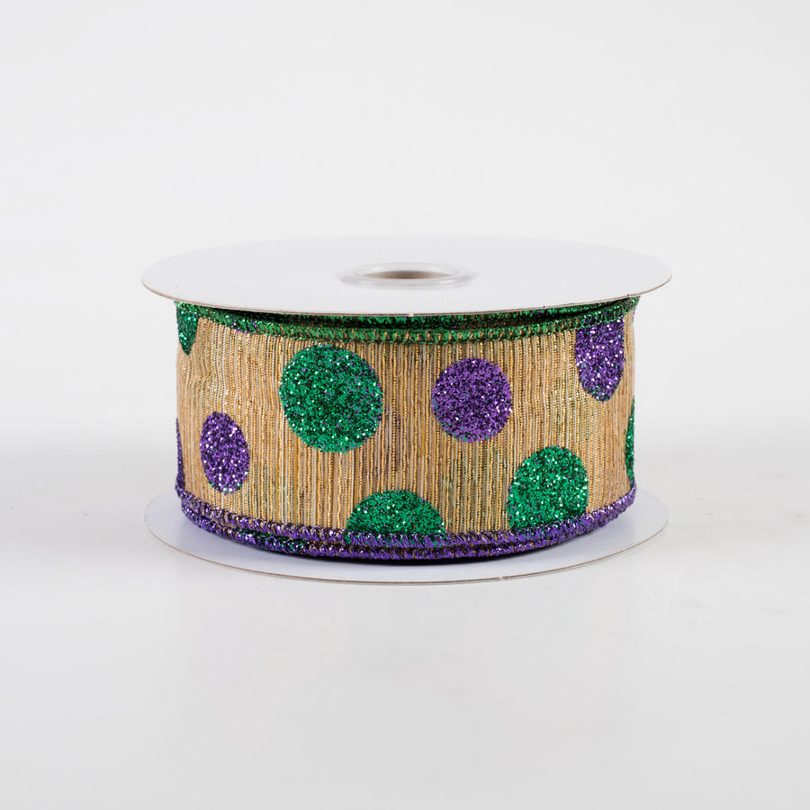 1.5" Glitter Dot Woven Metallic Lines Ribbon: Antique Gold Mardi Gras (10 Yards)