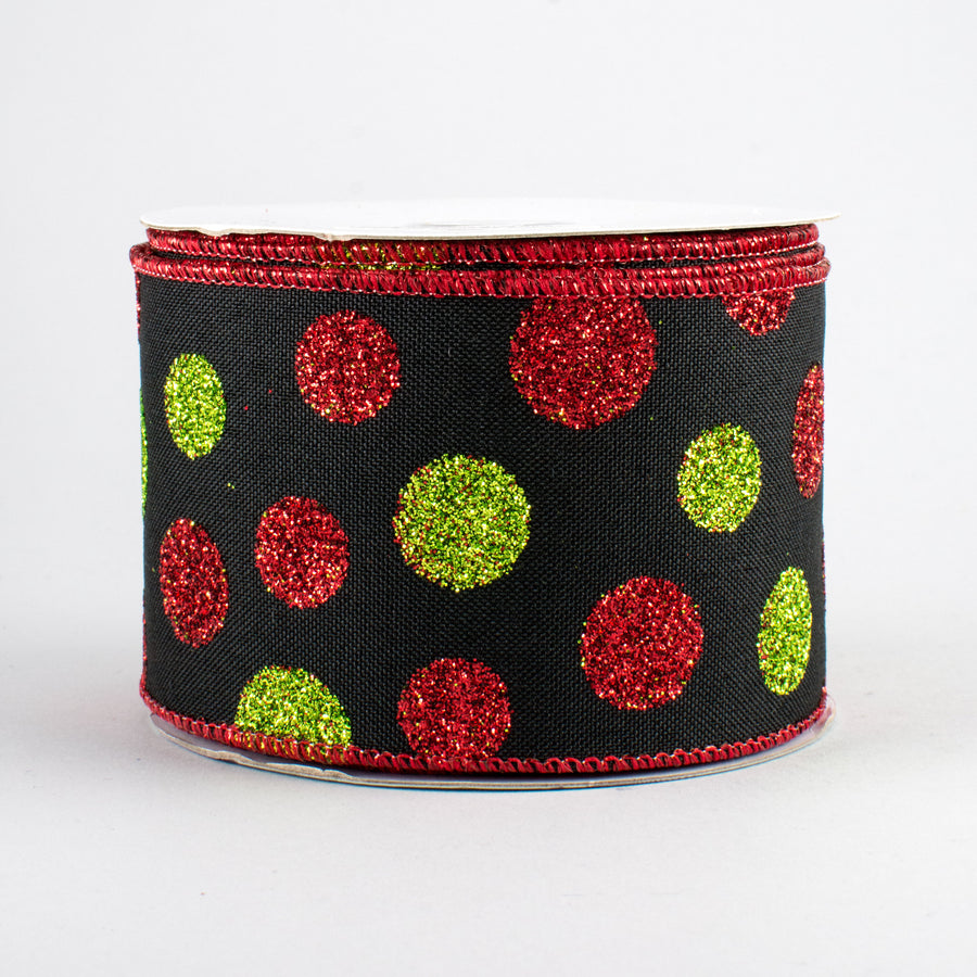 2.5" Glitter Dots Black Canvas Ribbon: Lime & Red (10 Yards)