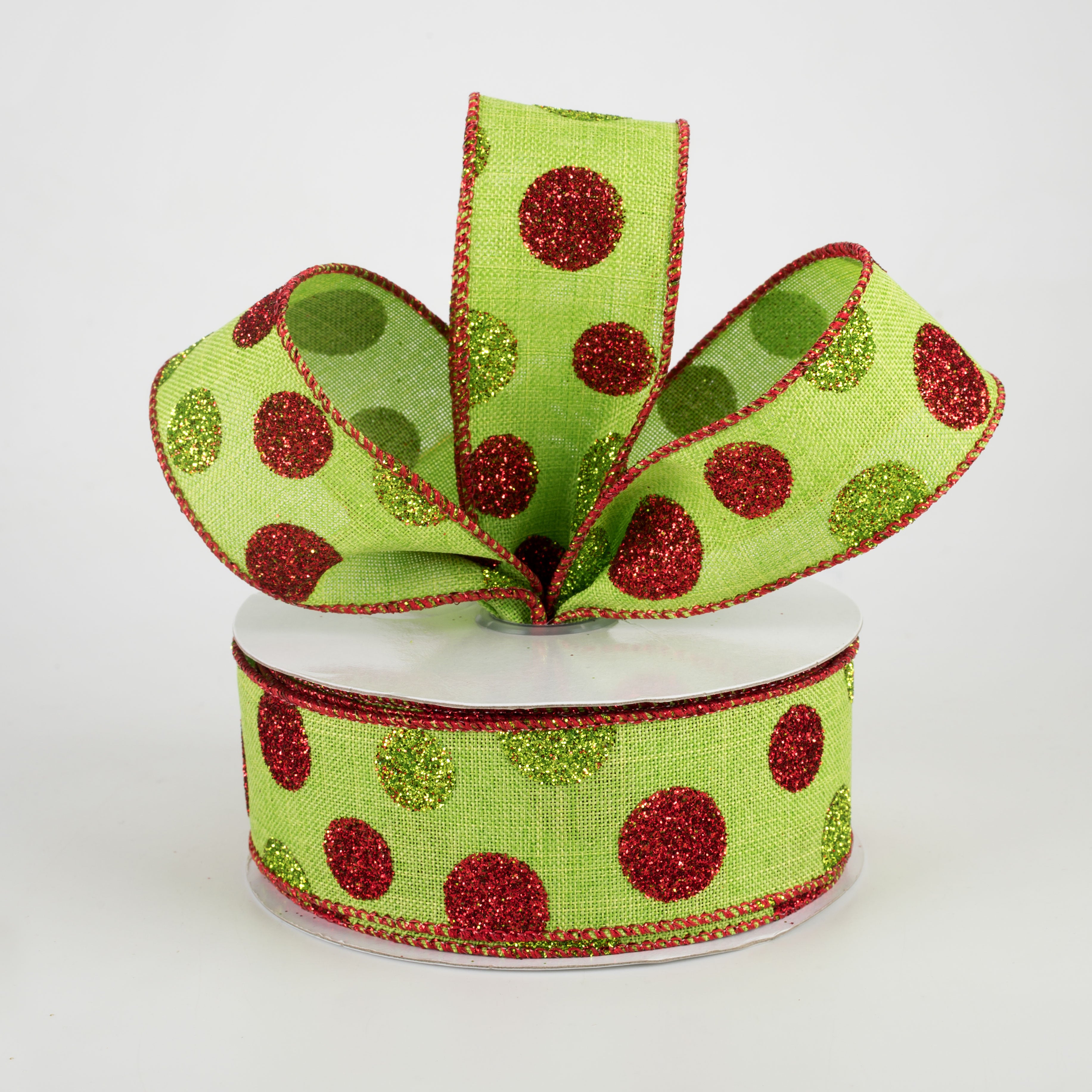 1.5" Glitter Dots Lime Canvas Ribbon: Lime & Red (10 Yards) Lifestyle Photo