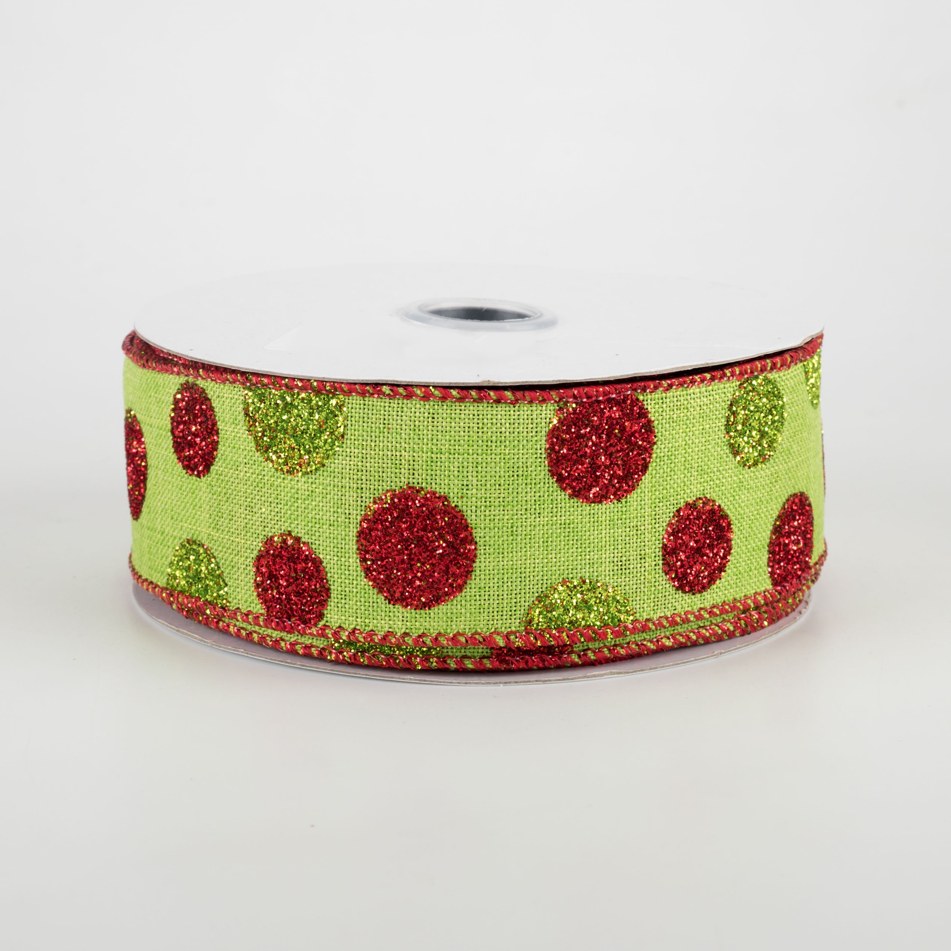 1.5" Glitter Dots Lime Canvas Ribbon: Lime & Red (10 Yards)