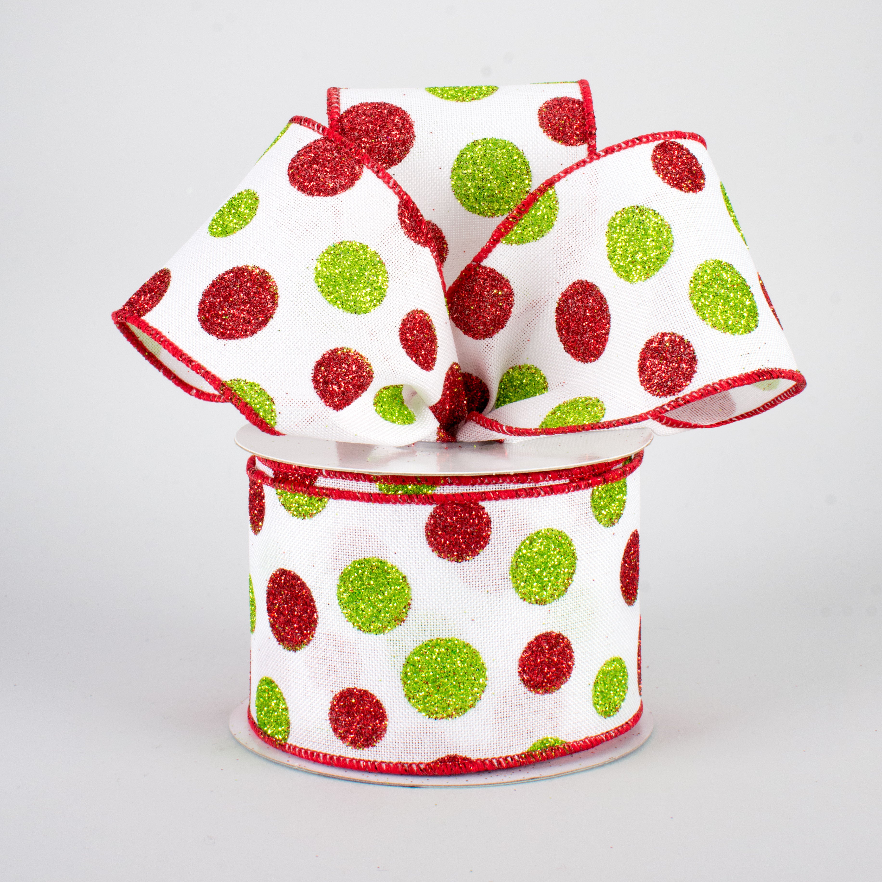 2.5" Glitter Dots White Canvas Ribbon: Lime & Red (10 Yards) Lifestyle Photo