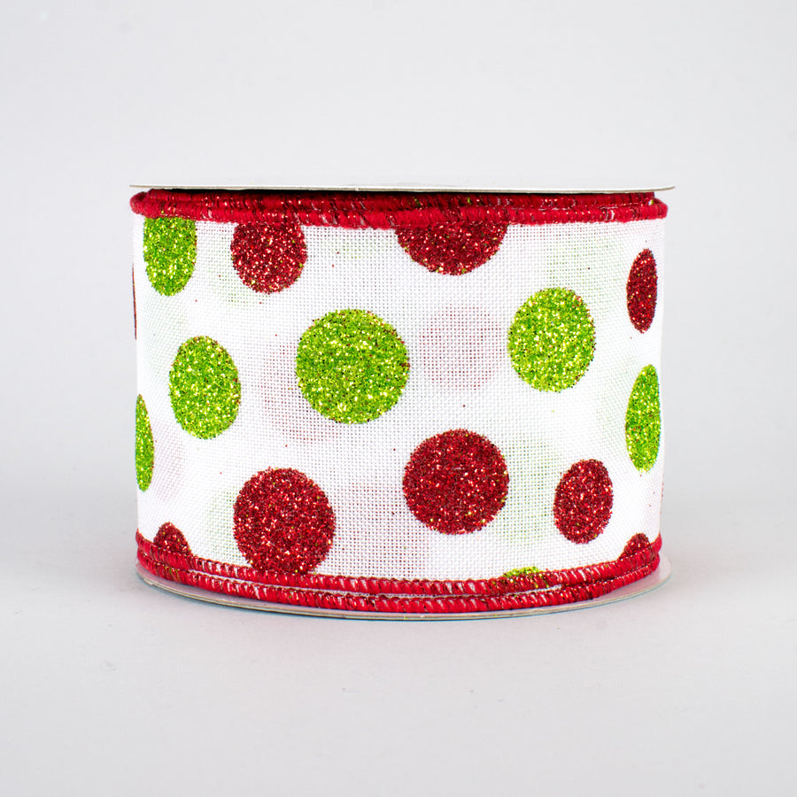 2.5" Glitter Dots White Canvas Ribbon: Lime & Red (10 Yards)