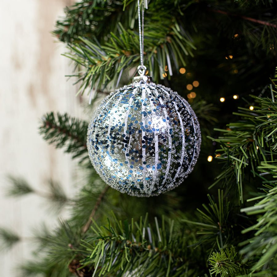 4" Glitter Drip Ball Ornament: Periwinkle Blue Lifestyle Photo