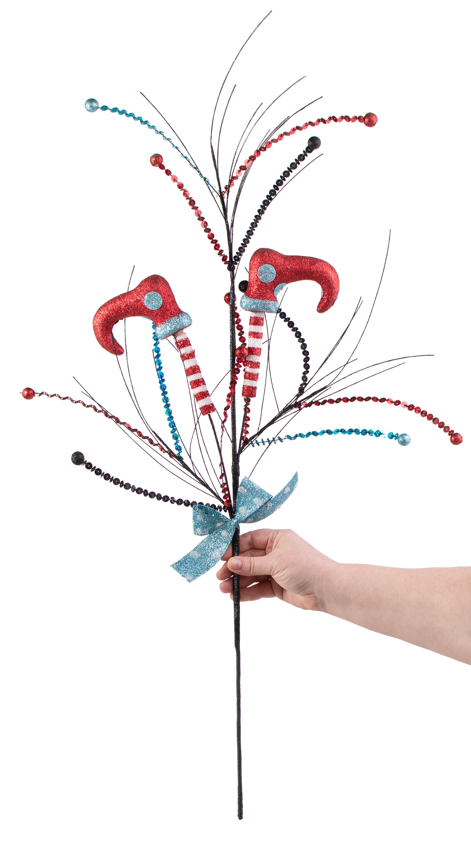 36" Glitter Elf Leg Spray: Red, Black, Turquoise detail photo 3