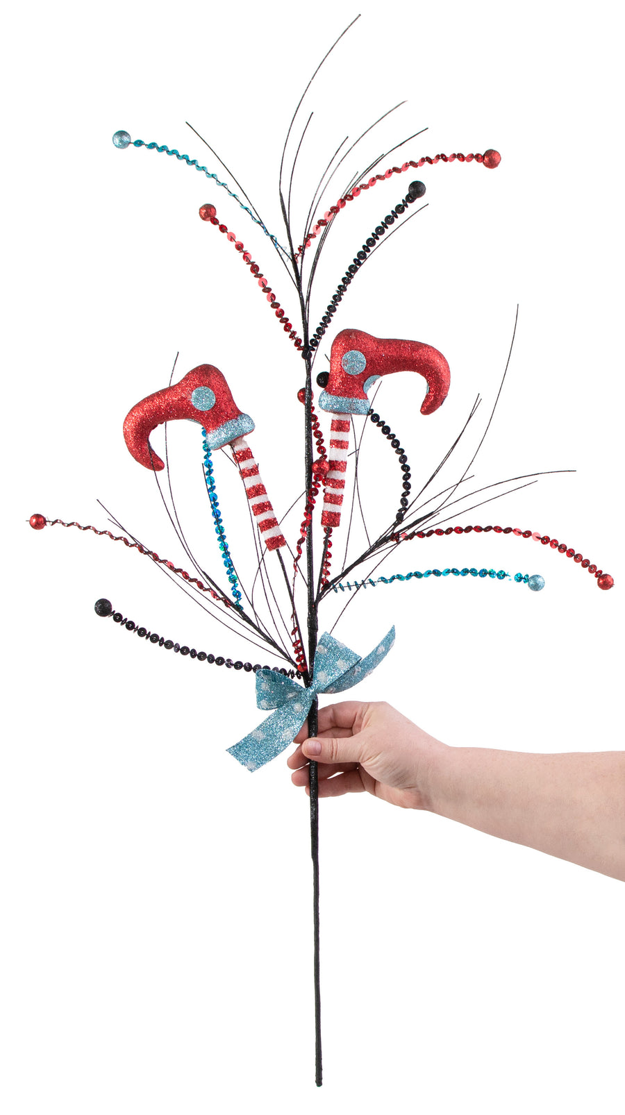 36" Glitter Elf Leg Spray: Red, Black, Turquoise detail photo 3