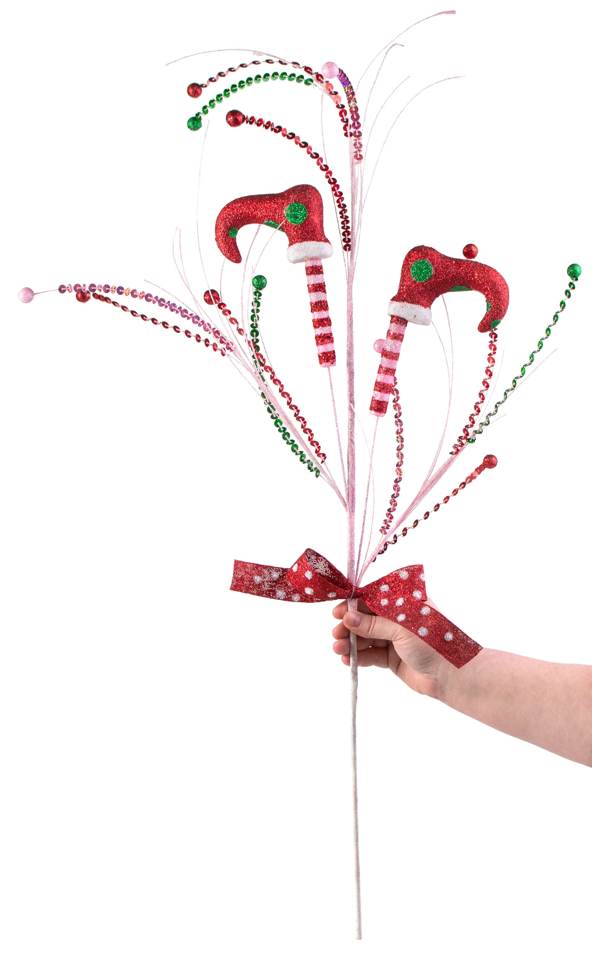 36" Glitter Elf Leg Spray: Red, Light Pink, Emerald detail photo 3