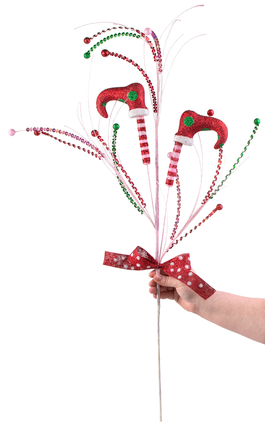 36" Glitter Elf Leg Spray: Red, Light Pink, Emerald detail photo 3