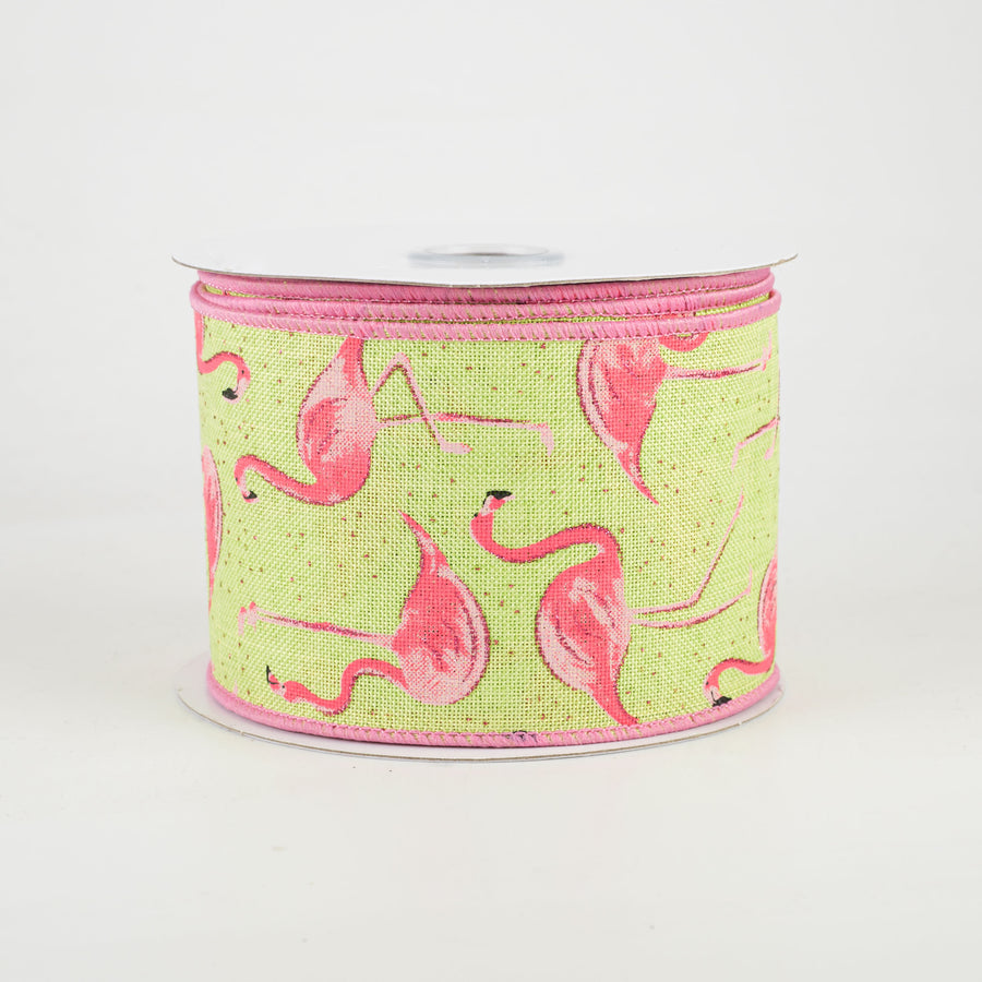 2.5" Glitter Flamingos Ribbon: Bright Green & Pink (10 Yards)