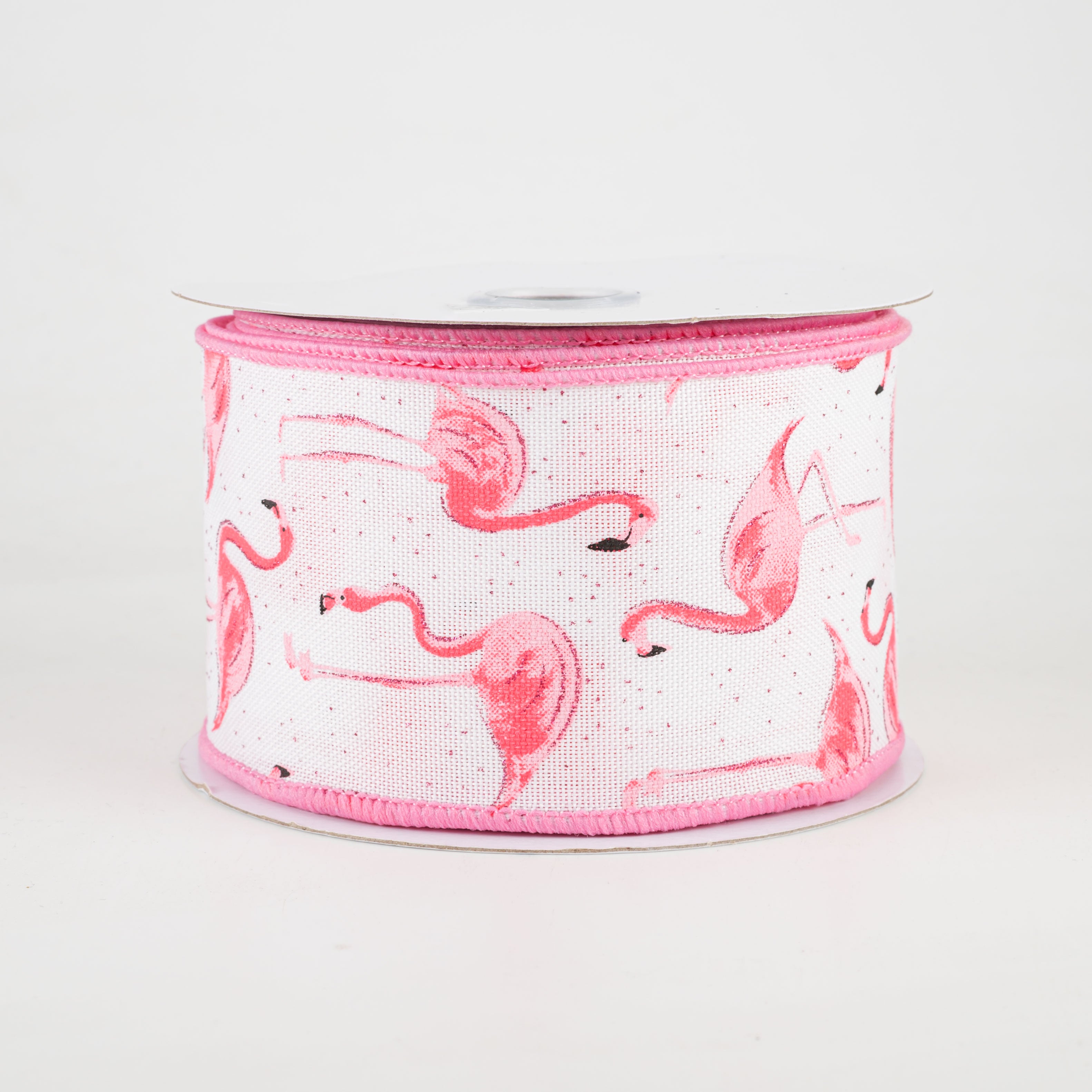 2.5" Glitter Flamingos Ribbon: White & Pink (10 Yards)