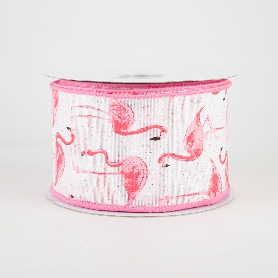 2.5" Glitter Flamingos Ribbon: White & Pink (10 Yards)