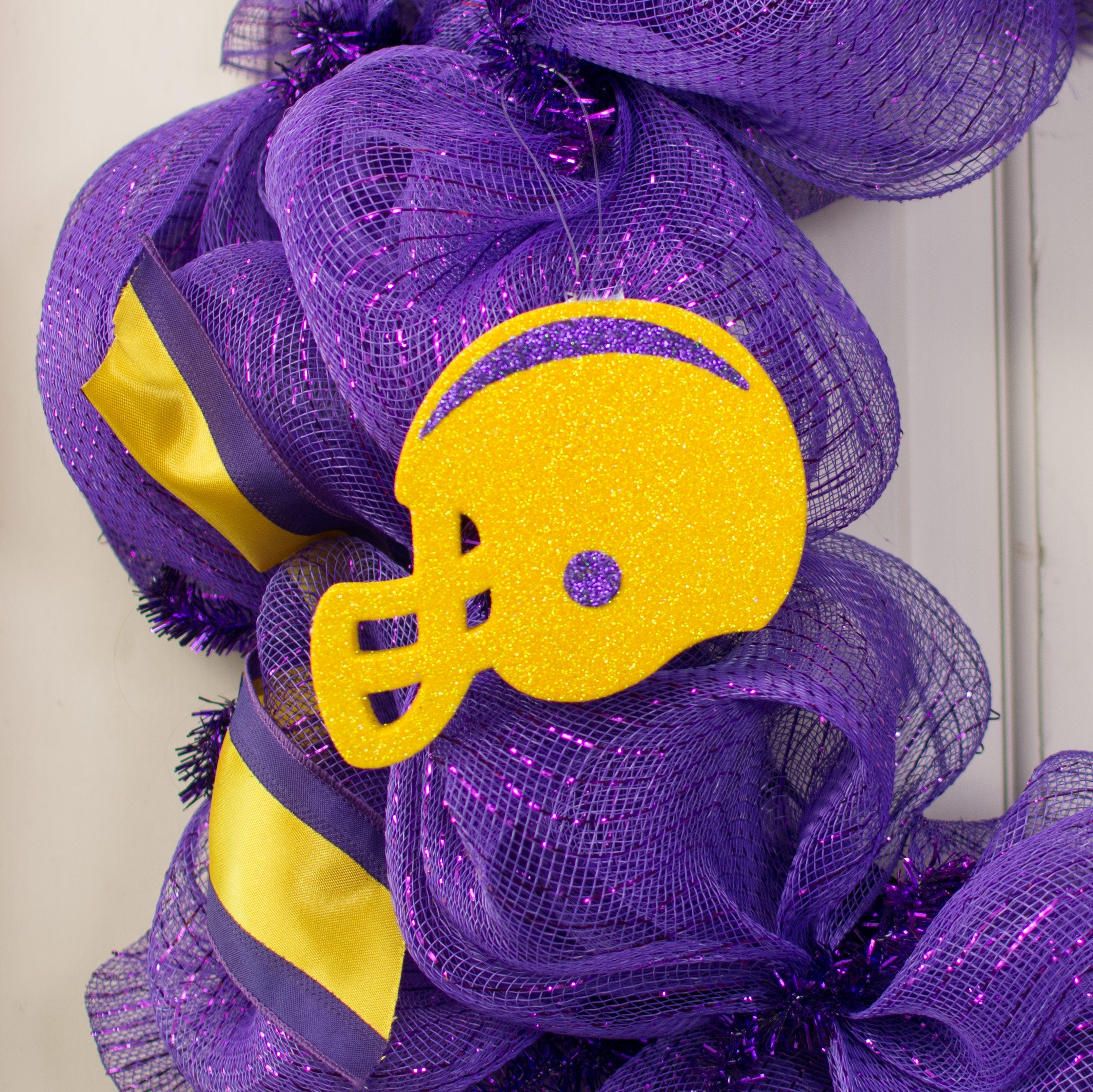 5" Glitter Football Helmet: Yellow & Purple Lifestyle Photo