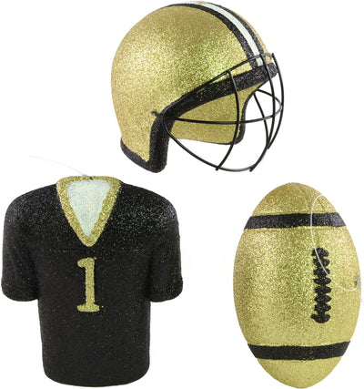 Glitter Football Ornament Assortment: Black & Gold ( Set of 3) Item Number: MS1301H6