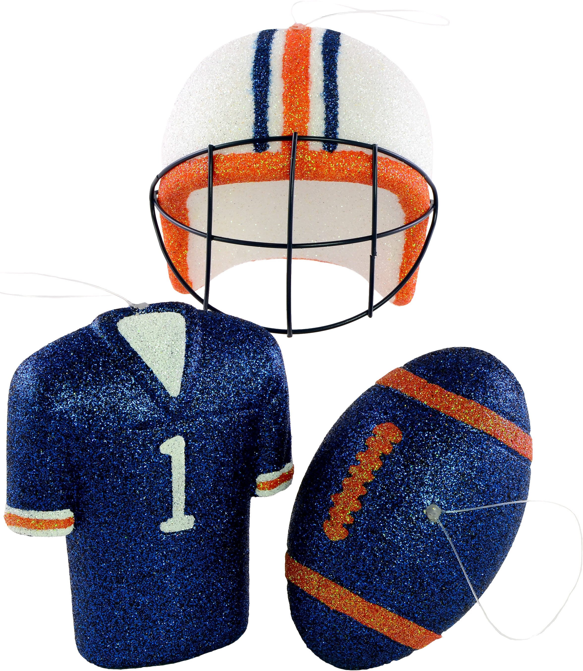 Glitter Football Ornament Assortment: Burnt Orange & Navy (Set of 3) Item Number: MS1302E5