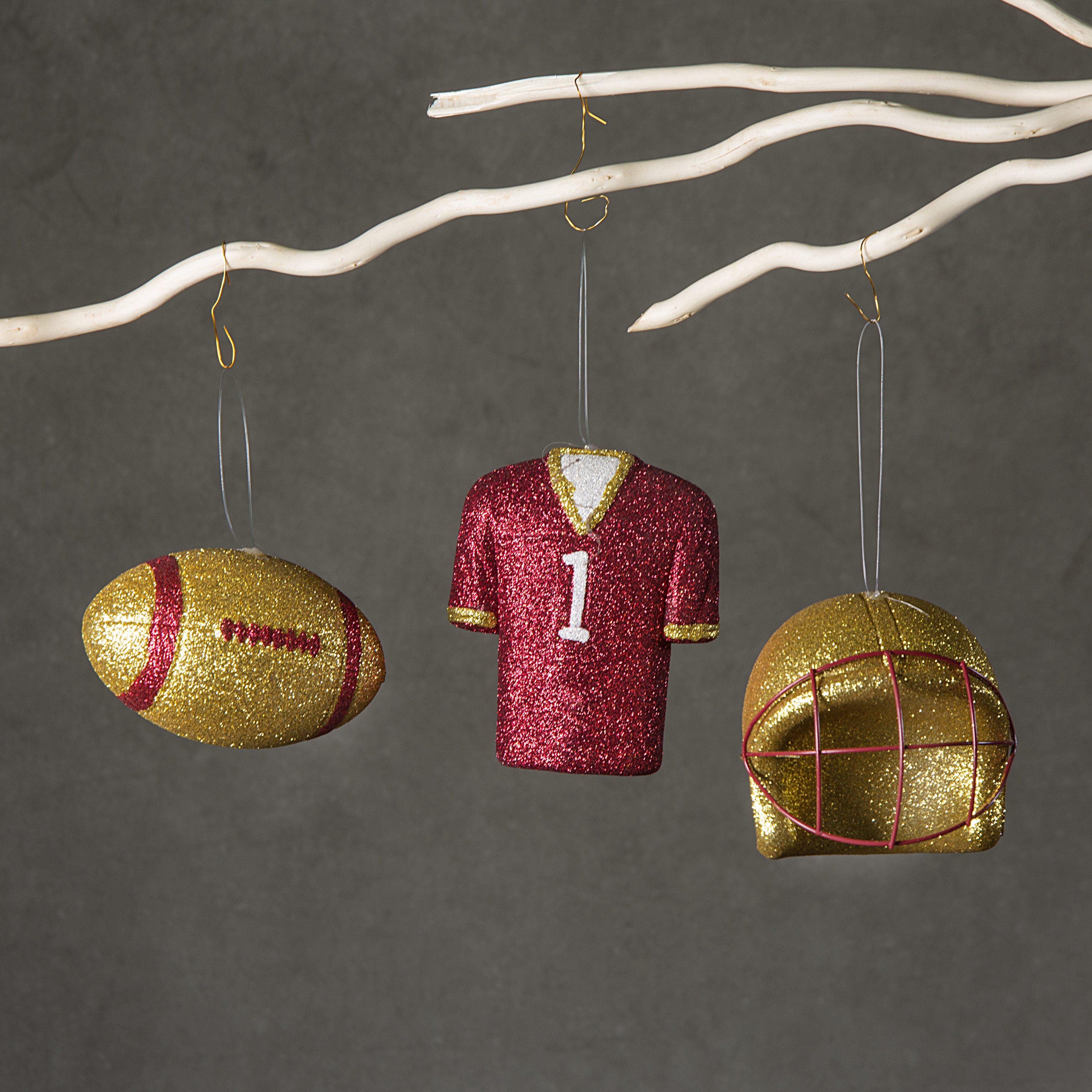 Glitter Football Ornament Assortment: Gold & Crimson (Set of 3) Lifestyle Photo