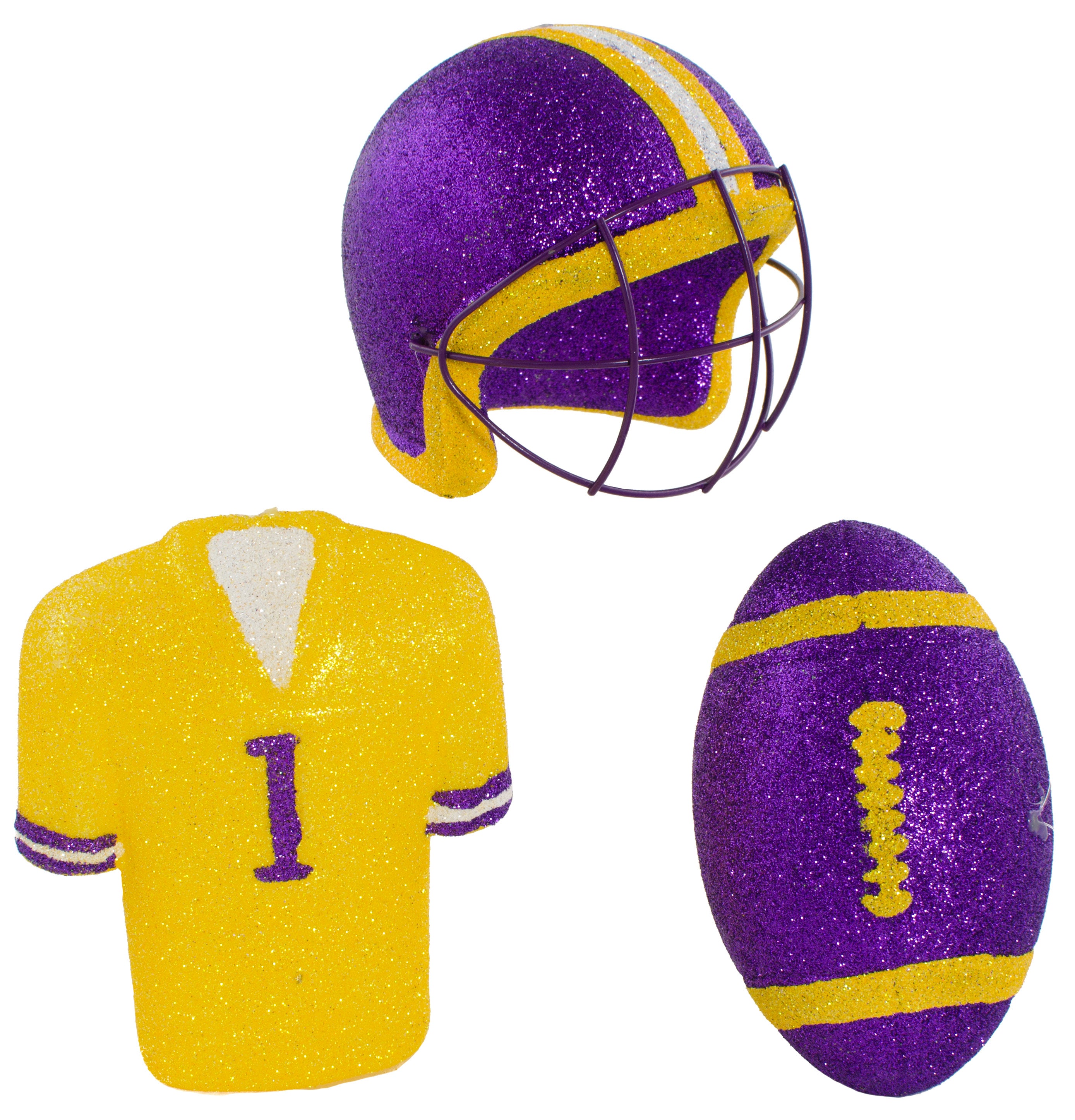 Glitter Football Ornament Assortment: Gold & Purple (Set of 3) Item Number: MS1302CY