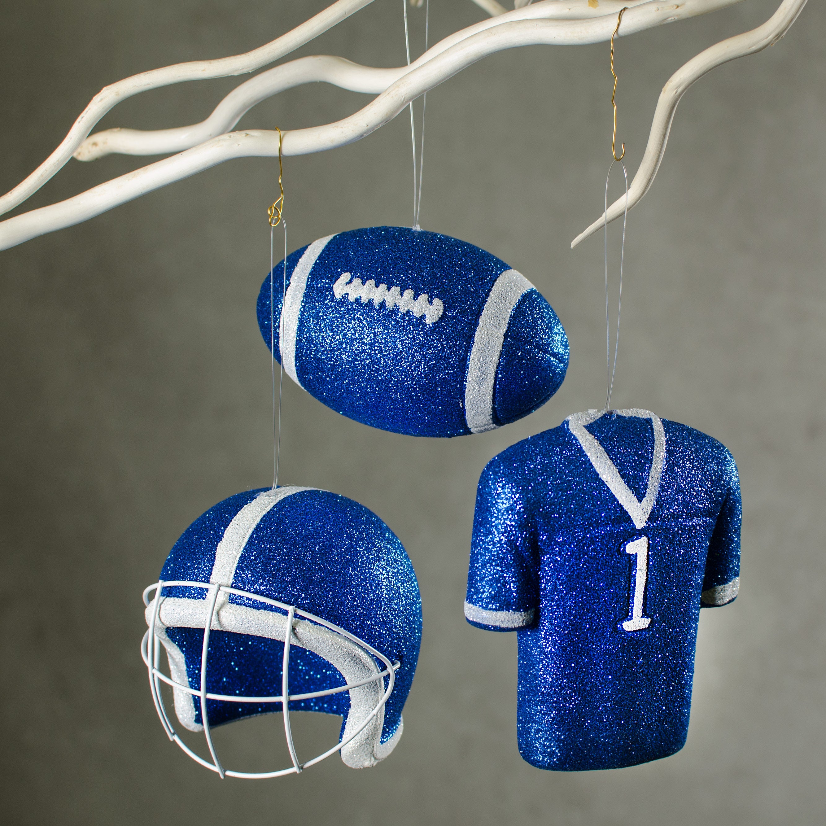 Glitter Football Ornament Assortment: Royal Blue & White (Set of 3) Lifestyle Photo