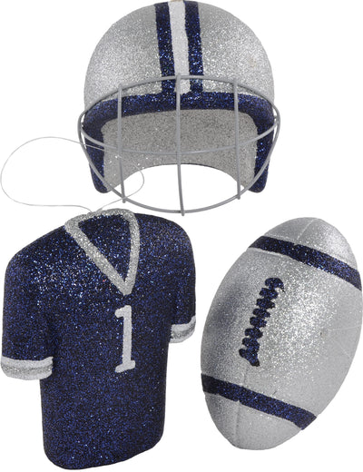 Glitter Football Ornament Assortment: Silver & Navy Blue (Set of 3) Item Number: MS1302N6