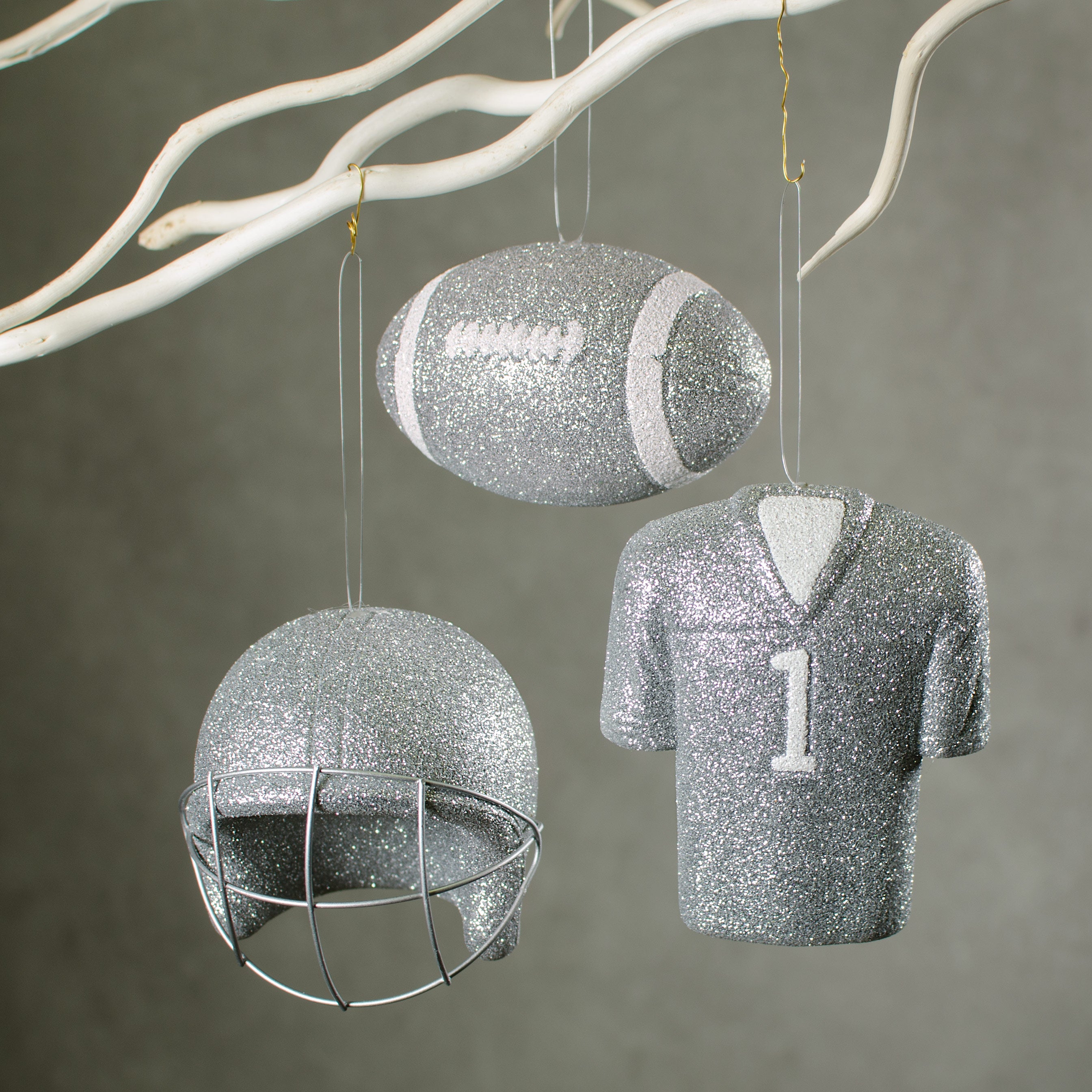 Glitter Football Ornament Assortment: Silver & White (Set of 3) Lifestyle Photo