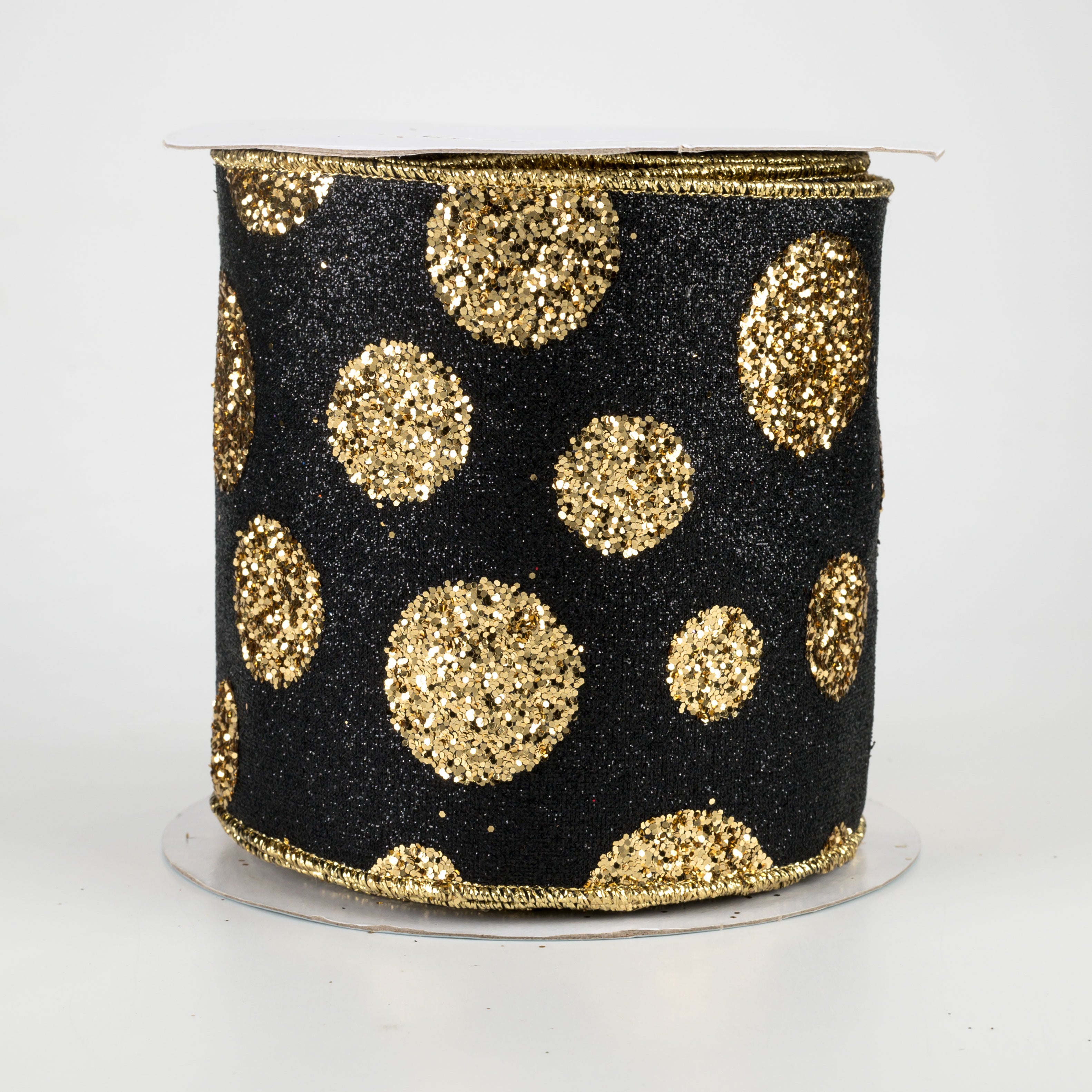 4" Glitter Giant Polka Dot Ribbon: Black & Gold (10 Yards)