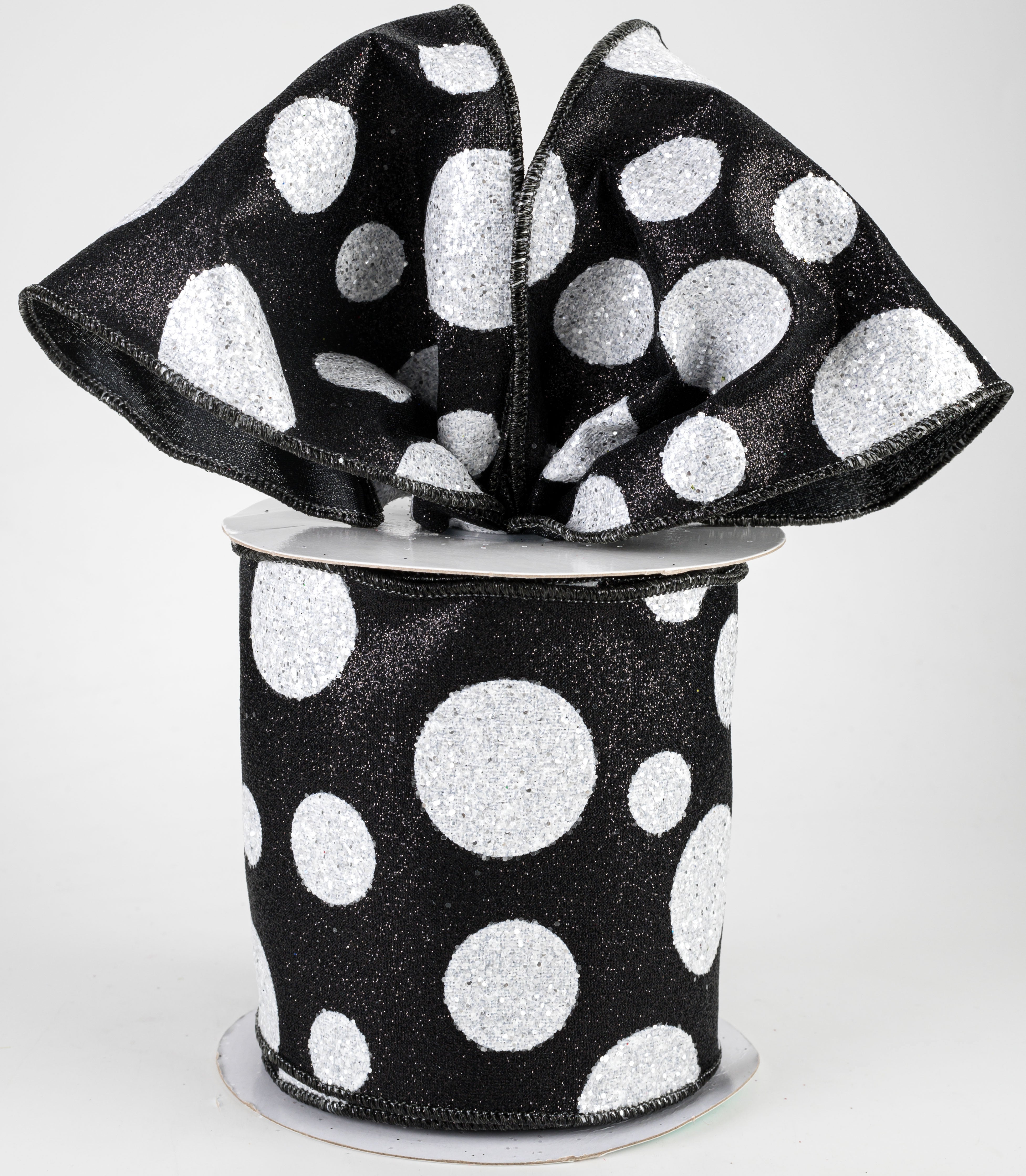 4" Glitter Giant Polka Dot Ribbon: Black & White (10 Yards) Lifestyle Photo