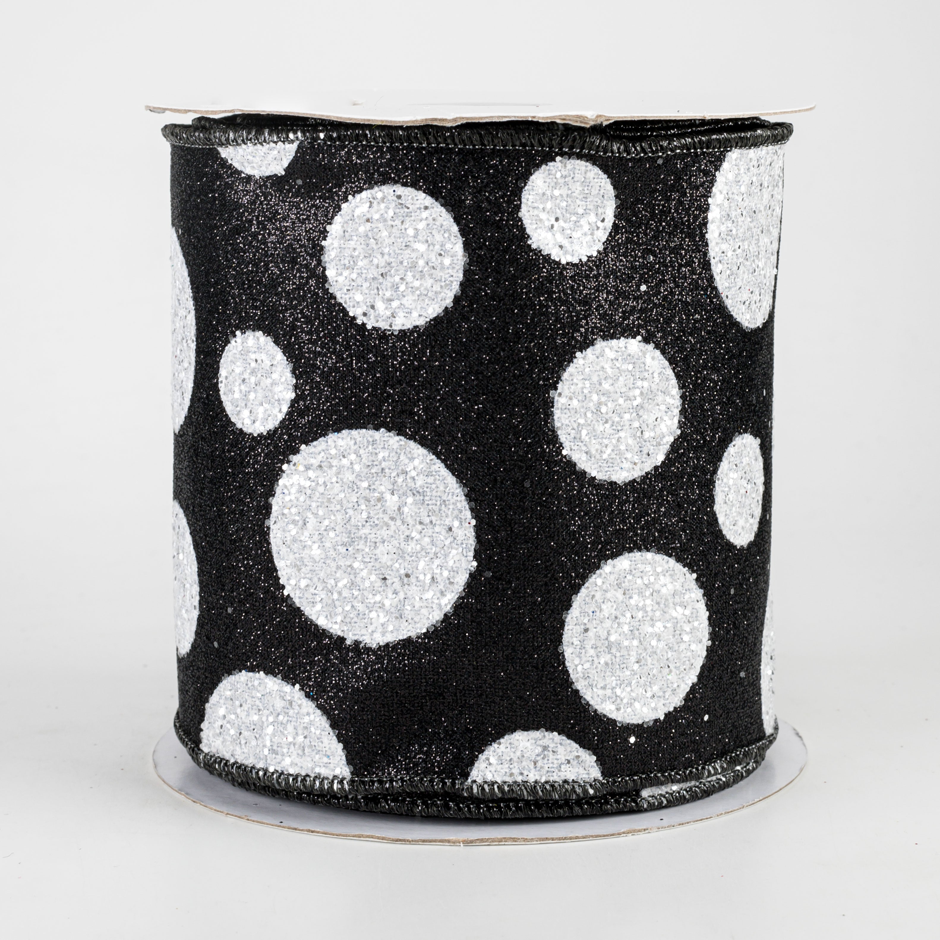 4" Glitter Giant Polka Dot Ribbon: Black & White (10 Yards)