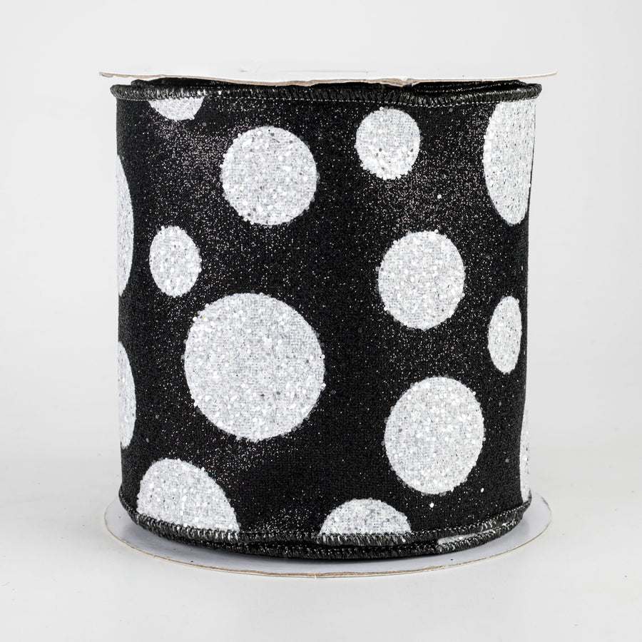 4" Glitter Giant Polka Dot Ribbon: Black & White (10 Yards)