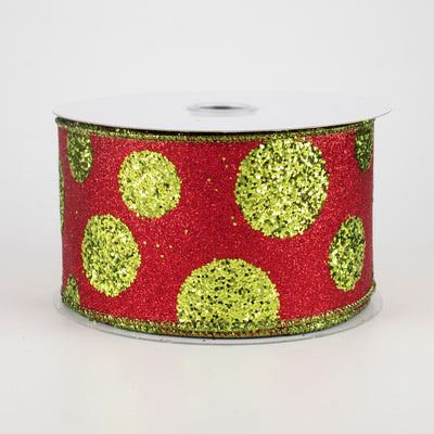 2.5" Glitter Giant Polka Dot Ribbon: Red & Lime Green (10 Yards)