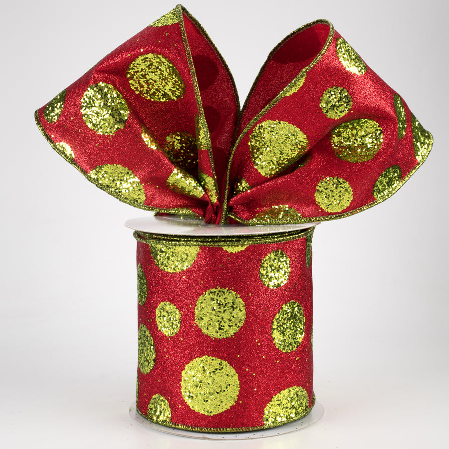 4" Glitter Giant Polka Dot Ribbon: Red & Lime Green (10 Yards) Lifestyle Photo