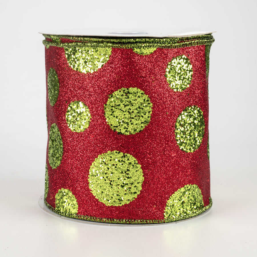 4" Glitter Giant Polka Dot Ribbon: Red & Lime Green (10 Yards)