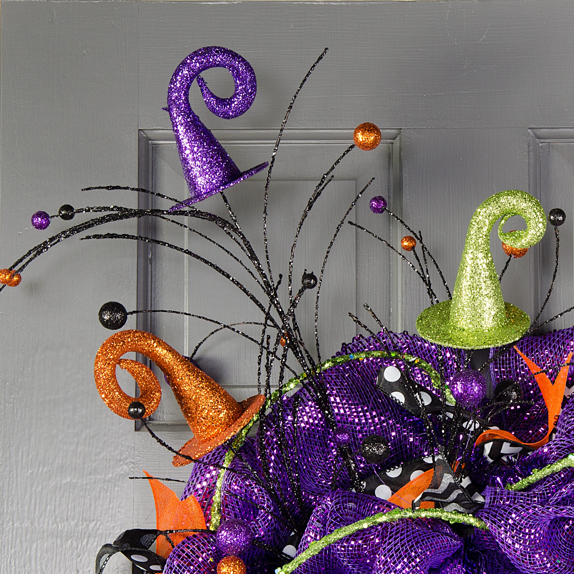 32" Glitter Halloween Witch Hat Spray: Orange, Lime, Purple Lifestyle Photo