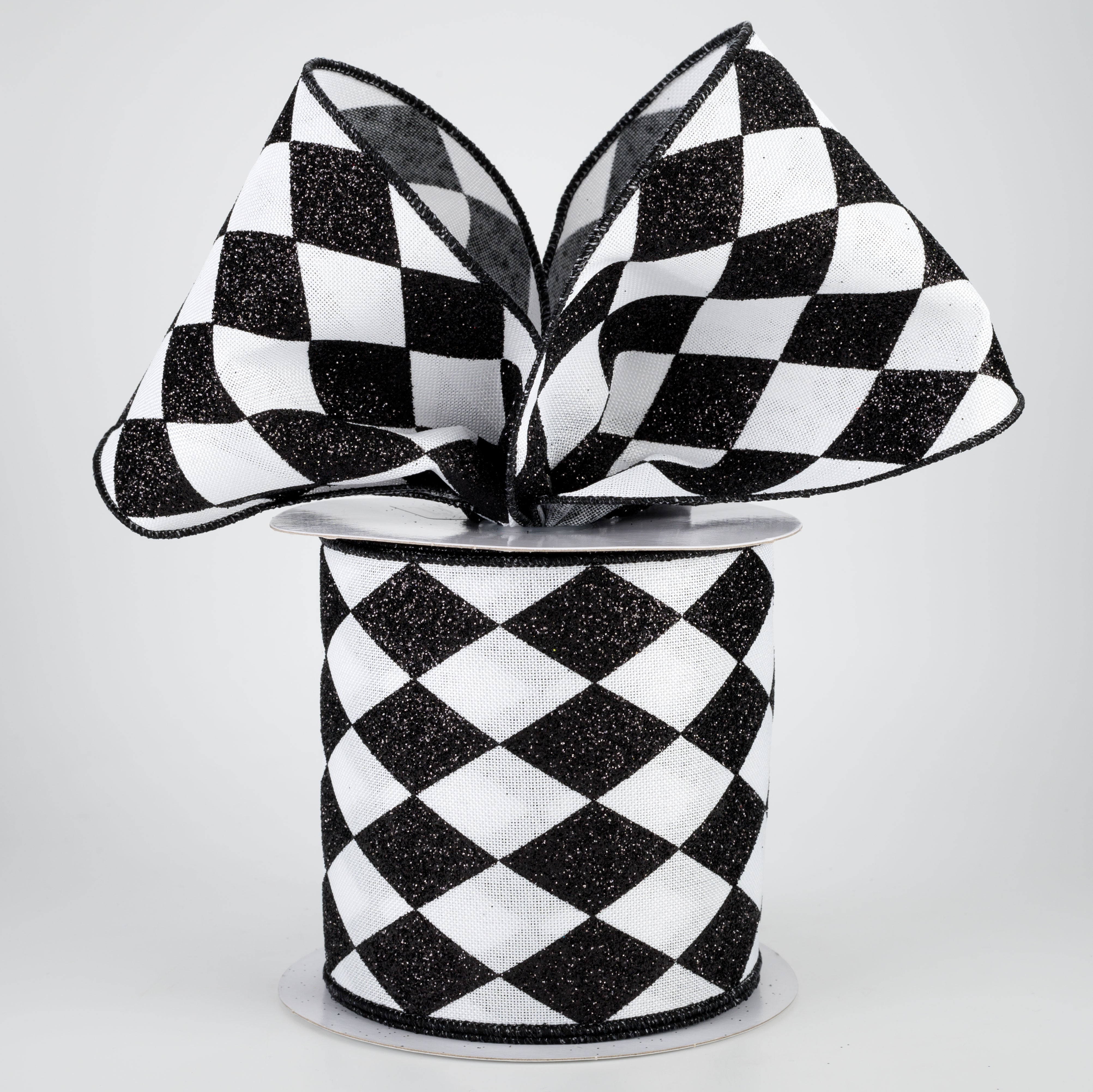 4" Glitter Harlequin Ribbon: Black & White (10 Yards) Lifestyle Photo