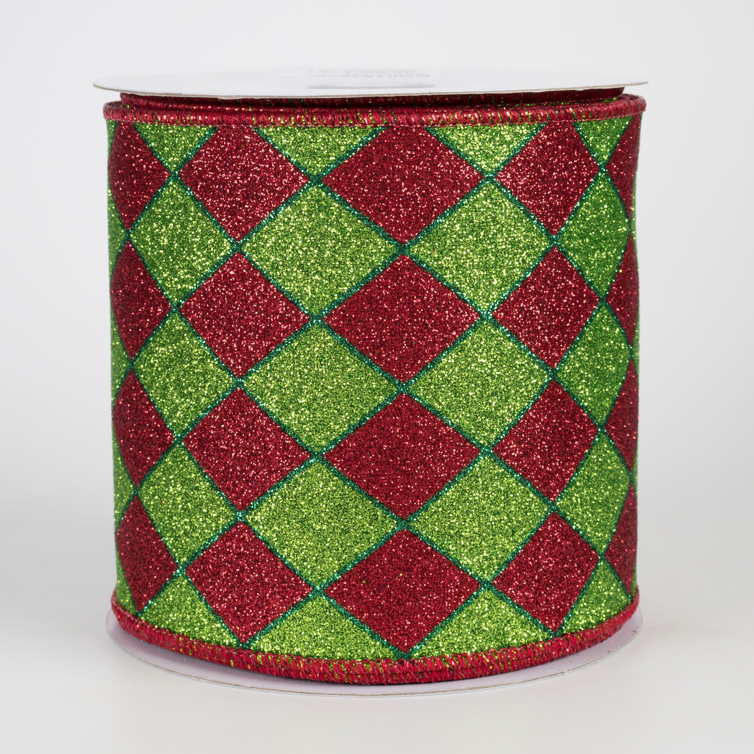 4" Glitter Harlequin Ribbon: Lime Christmas (10 Yards) Item Number: RG016202W