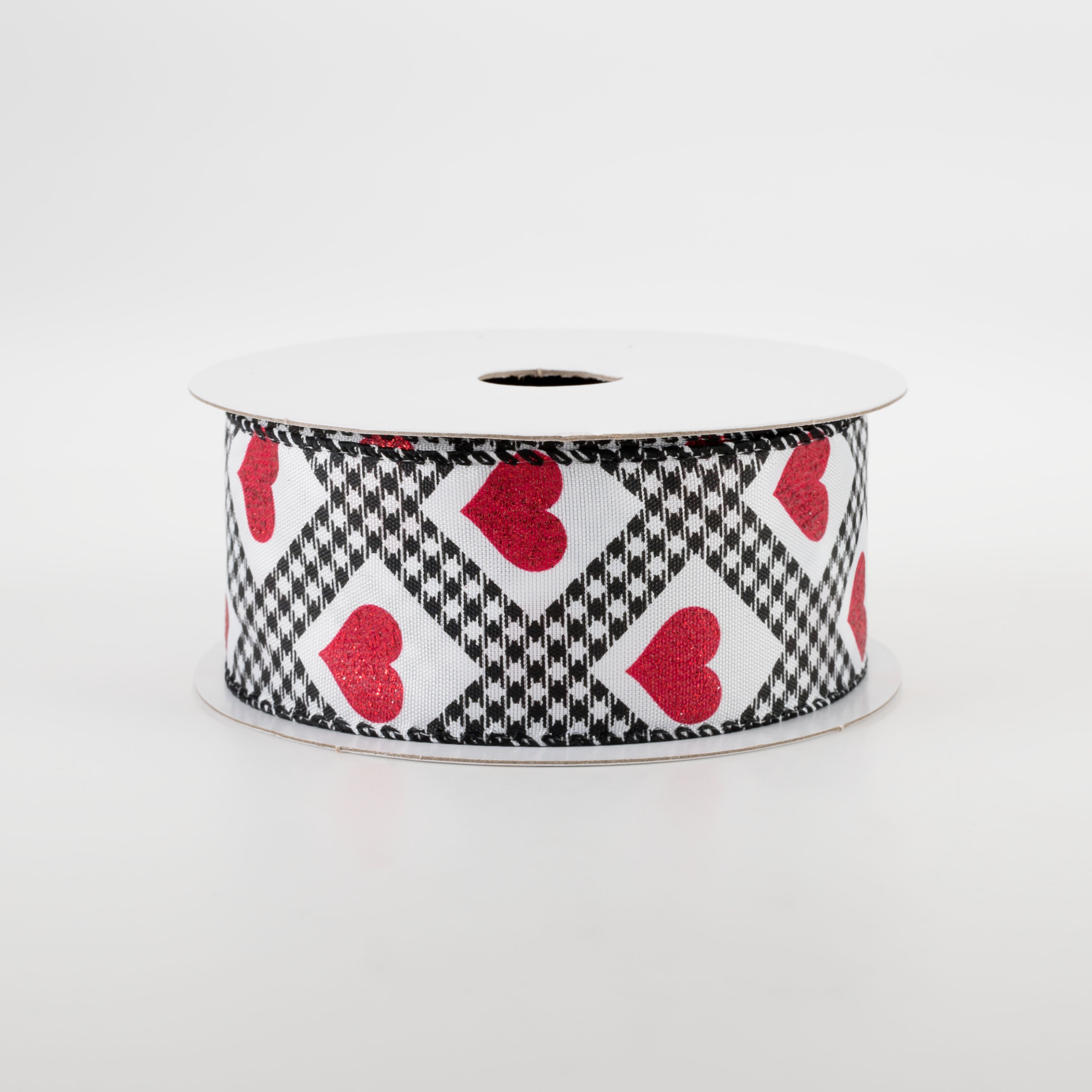 1.5" Glitter Hearts Gingham Argyle Ribbon: Black & Red (10 Yards)