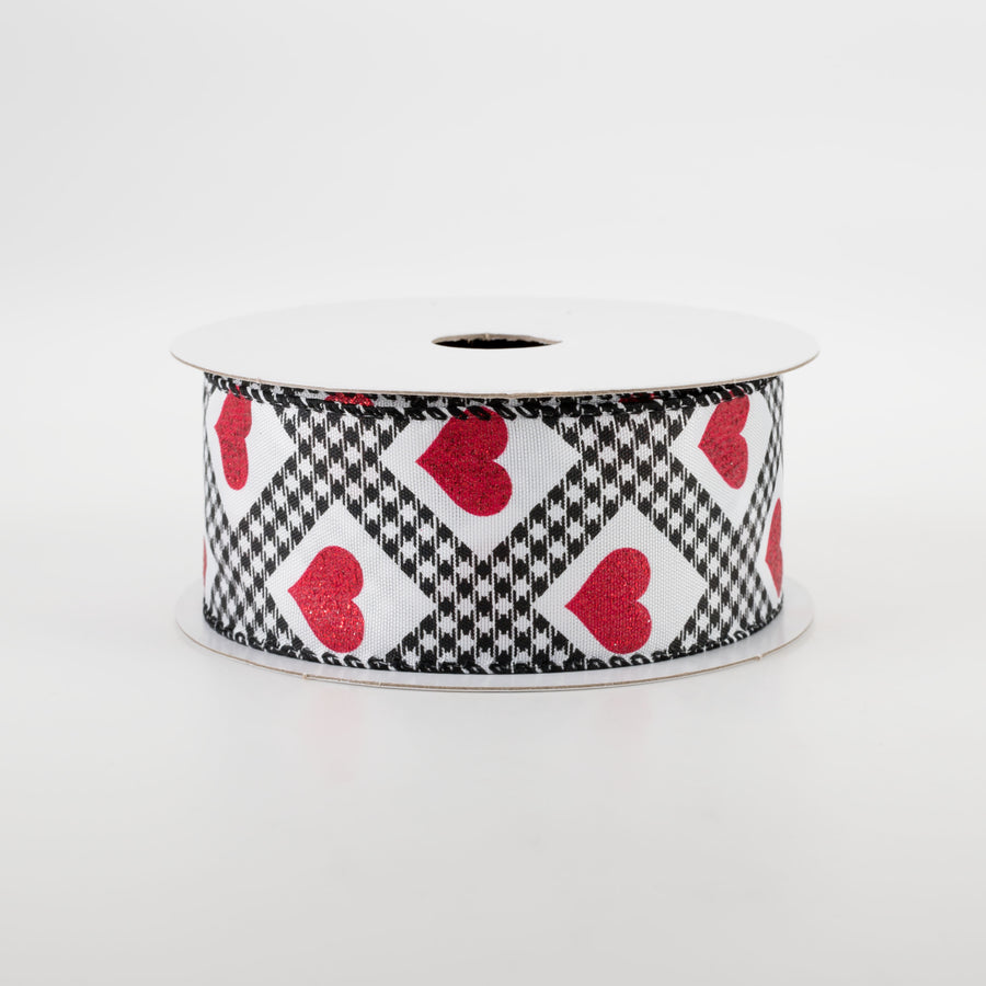 1.5" Glitter Hearts Gingham Argyle Ribbon: Black & Red (10 Yards)